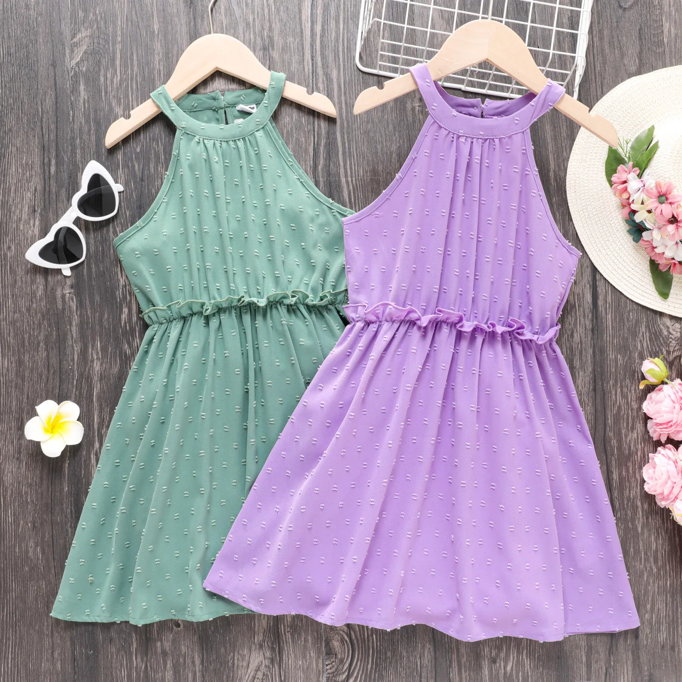 Kid Girl Swiss Dot Halter Neck Dress Purple image 6