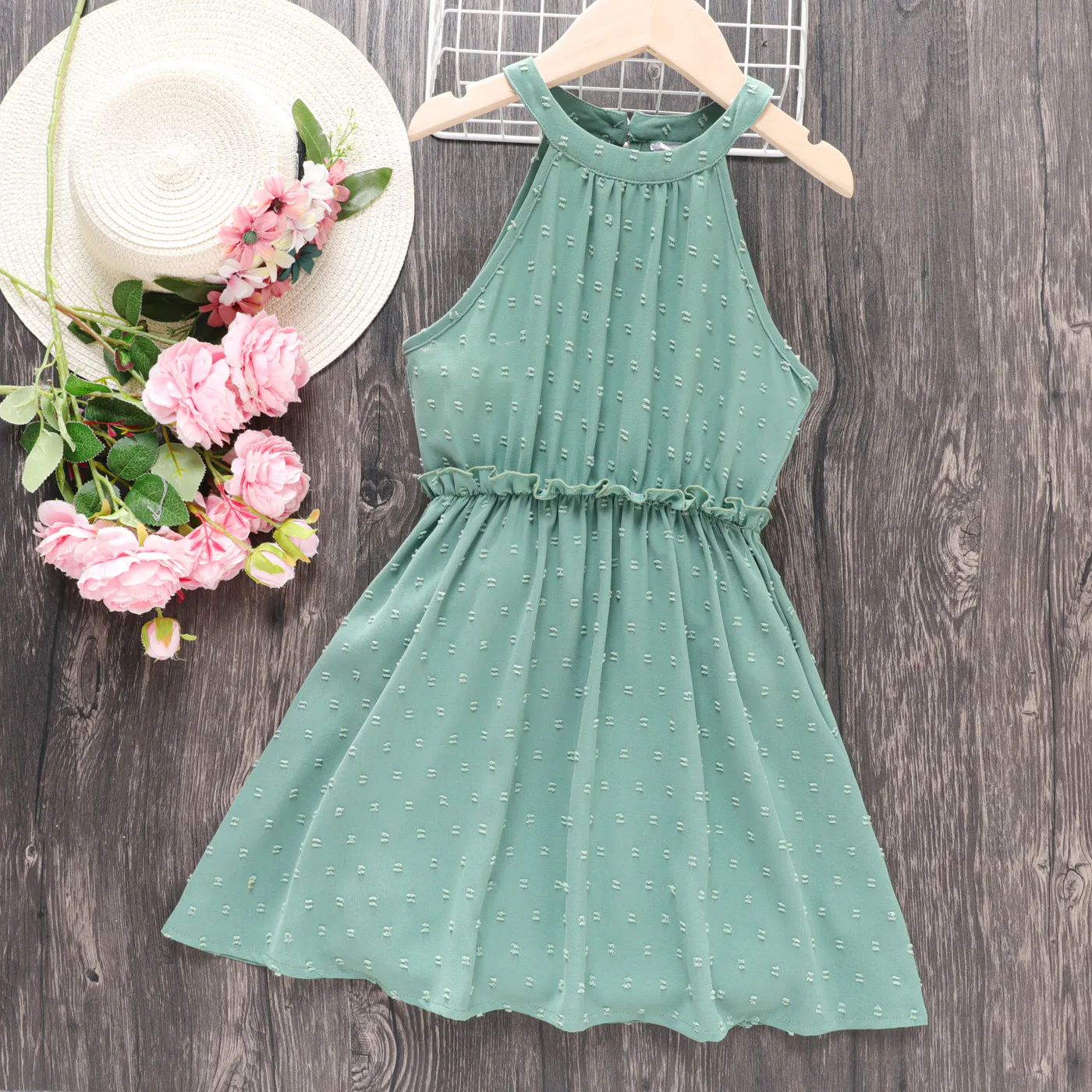 Kid Girl Swiss Dot Halter Neck Dress Light Green