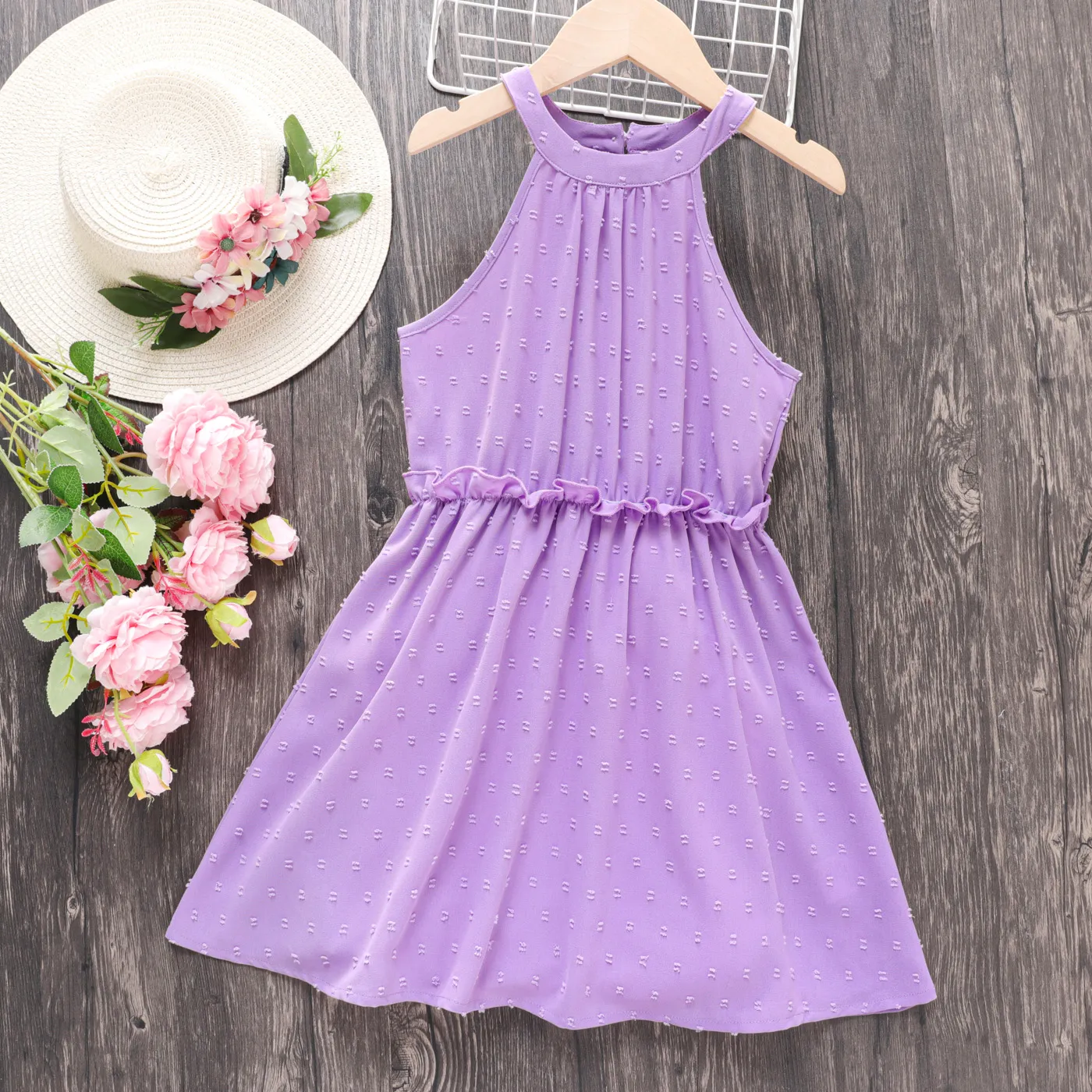 Kid Girl Swiss Dot Halter Neck Dress Purple big image 1