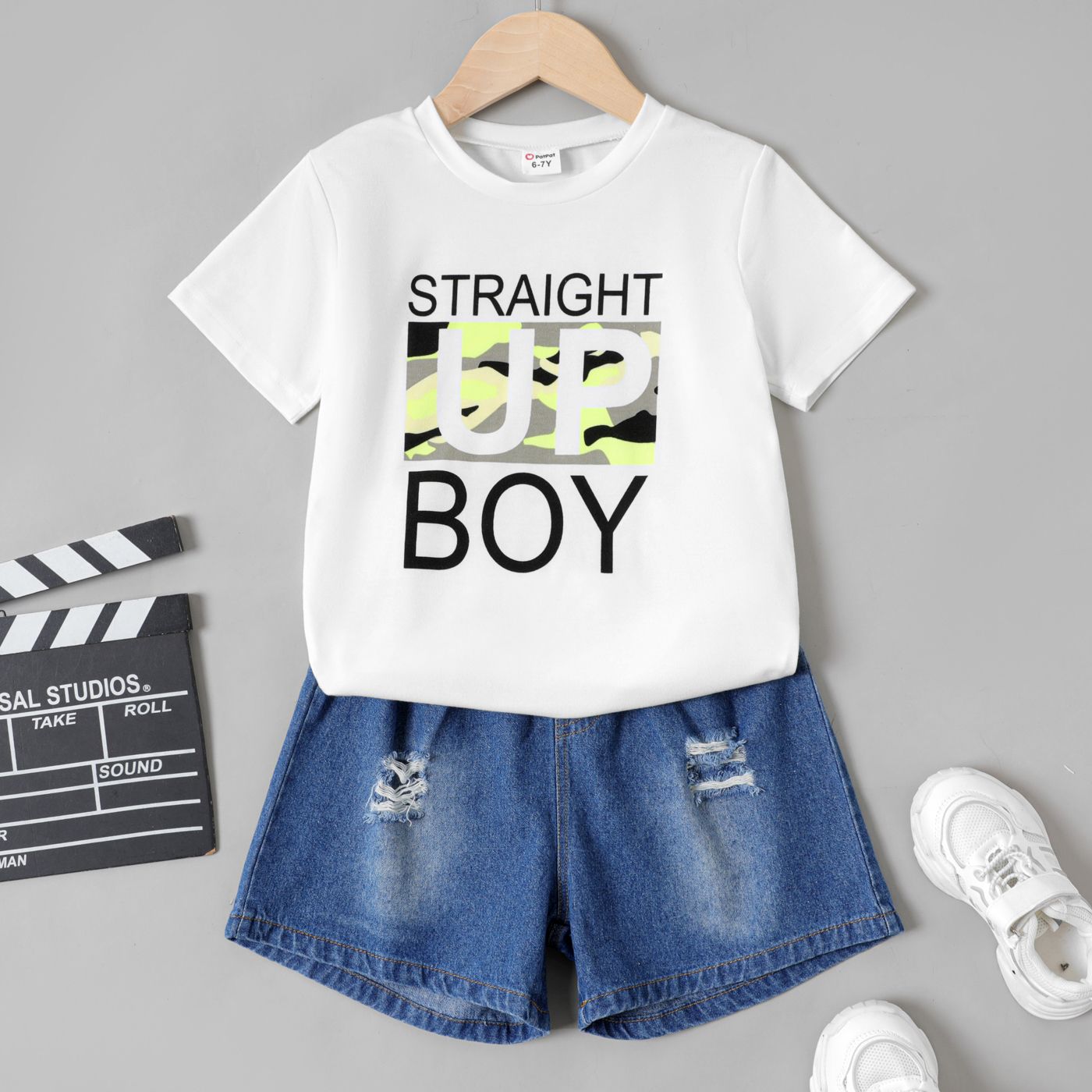 2pcs Kid Boy Letter Print Short-sleeve Tee And Ripped Denim Shorts Set