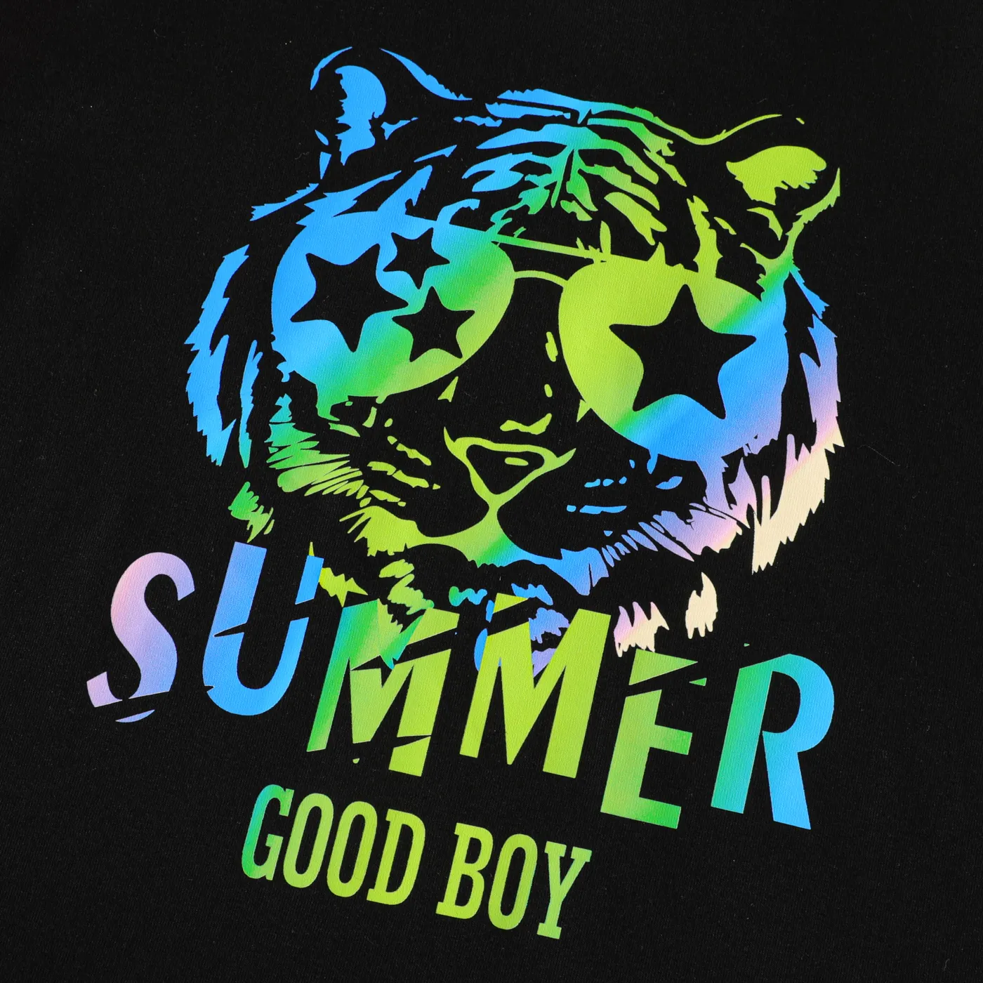 2pcs Kid Boy Tiger Print Colorful Short-sleeve Hoodie and Cotton Shorts Set Black image 2