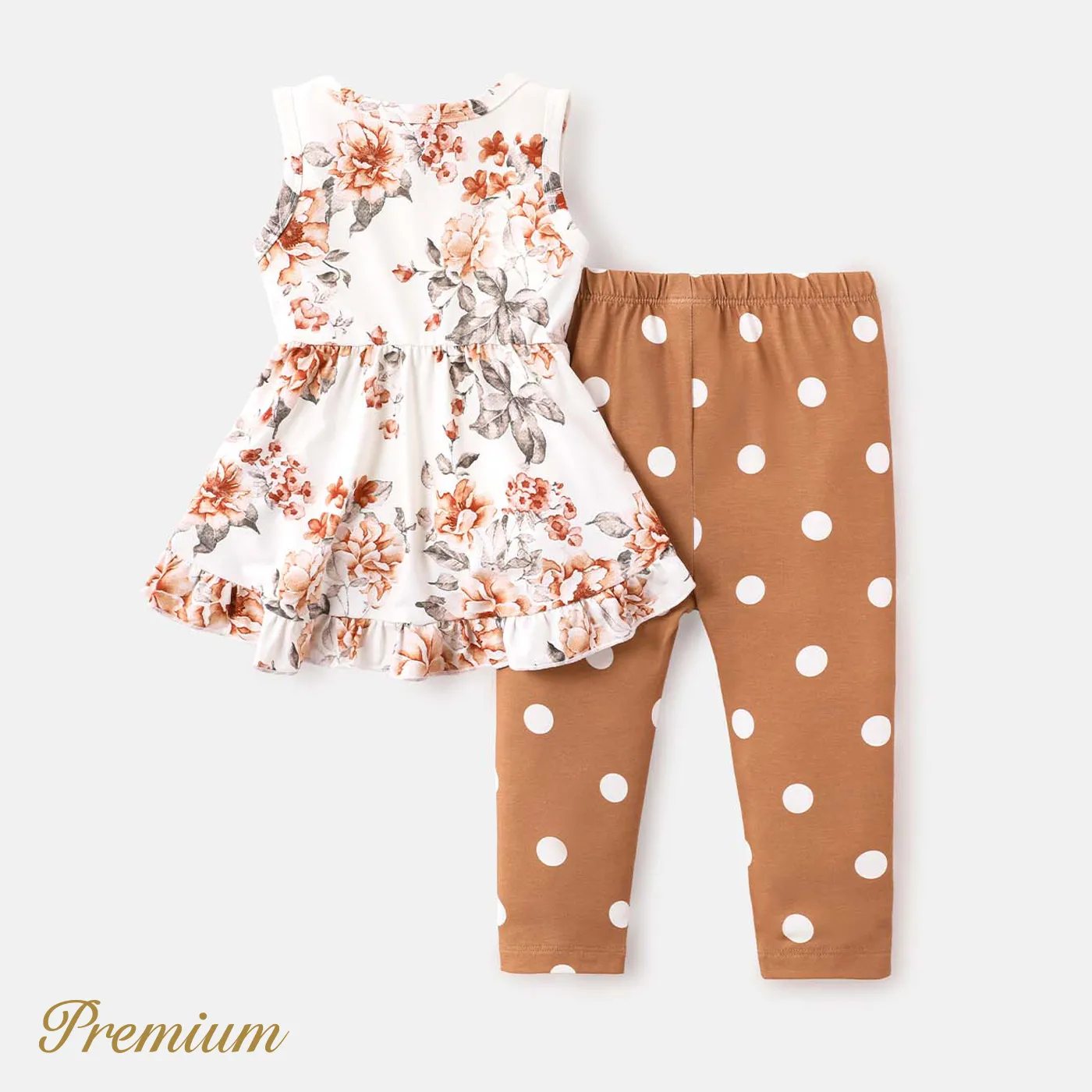 2pcs Baby Girl Floral Print Ruffle Sleeveless Naia™ Tee and Polka dots Leggings Set LightOchre image 2