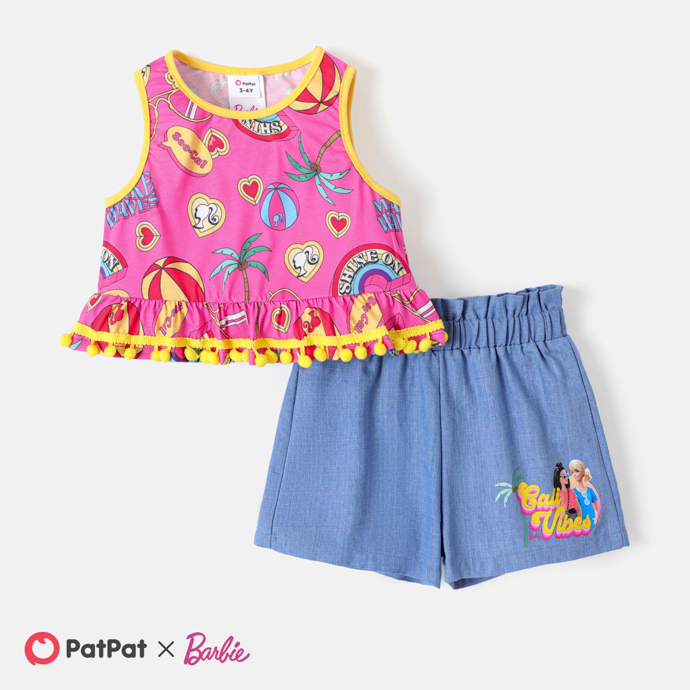 

Barbie Toddler Girl 2pcs Allover Print Pom Pom Decor Naia™ Tank Top and Shorts Set