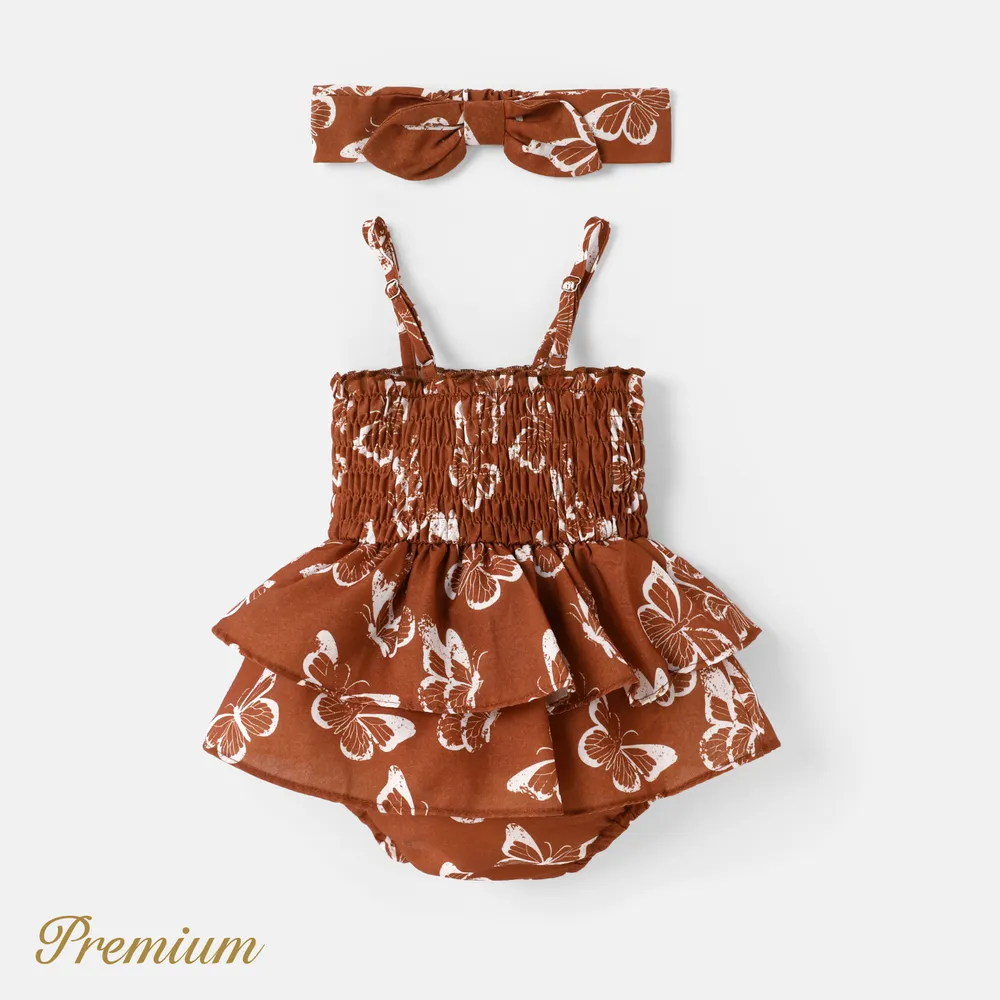 2pcs Baby Girl Allover Butterfly Print Layered Ruffle Trim Shirred Cami Romper & Headband Set big image 4