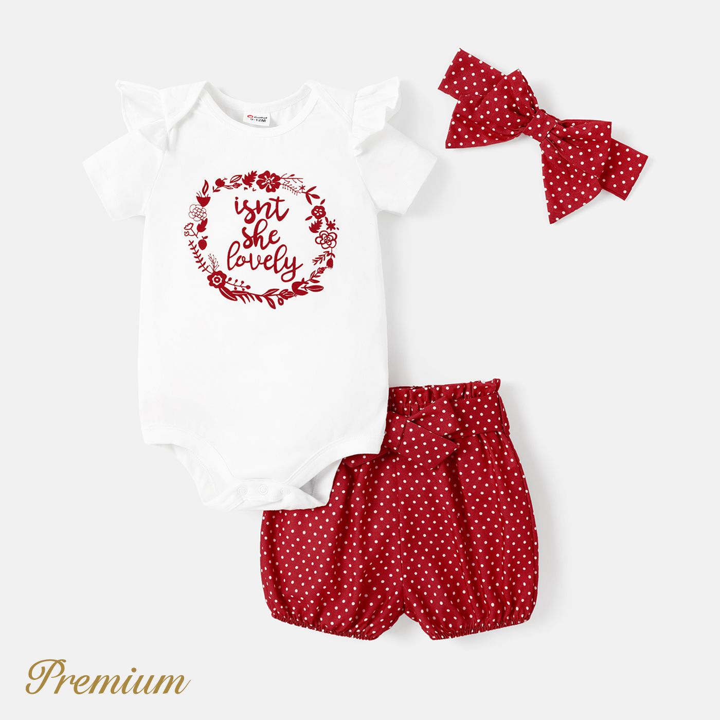 

3pcs Baby Girl Cotton Letter Print Rbbed Short-sleeve Rompers & Polka dots Belted Shorts and Headband Set
