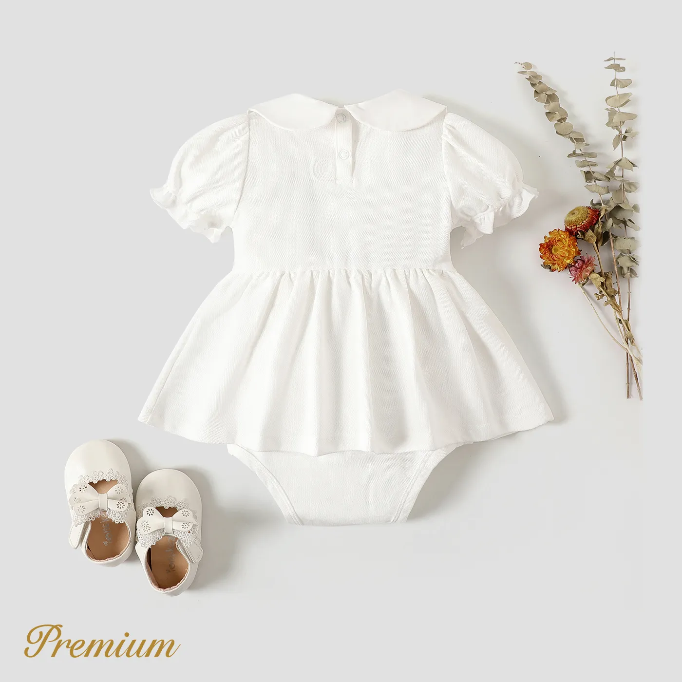 Baby Girl Embroidered Detail Peter Pan Collar Puff-sleeve Romper White image 5