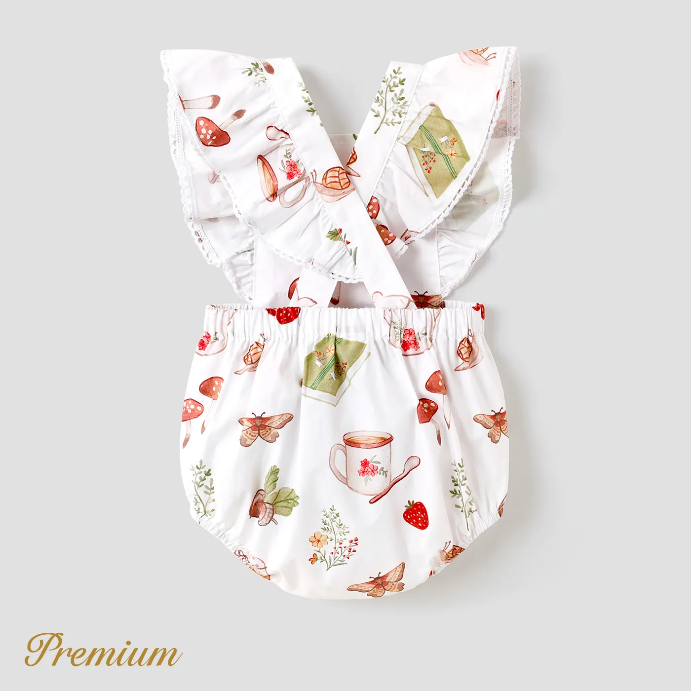 Baby Girl 100% Cotton Allover Print Ruffled Overall Romper White image 2