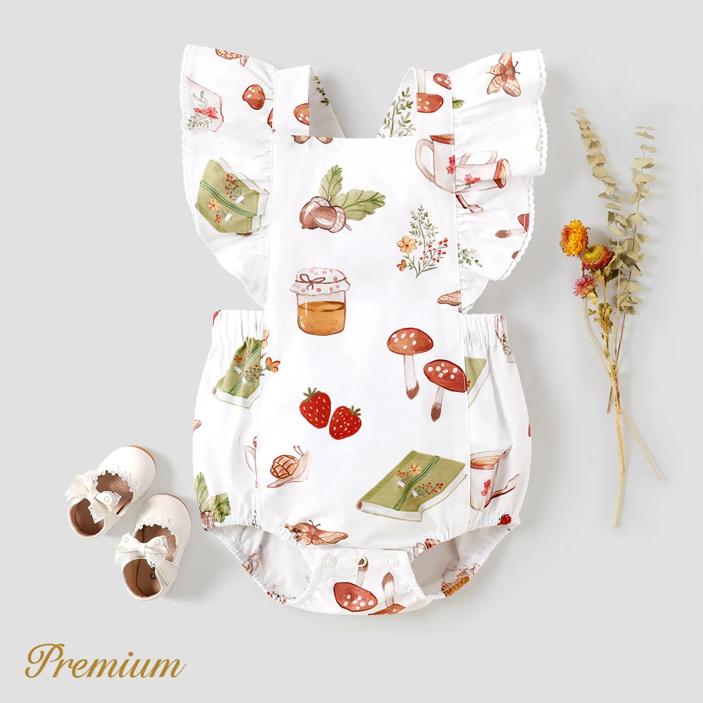 Baby Girl 100% Cotton Allover Print Ruffled Overall Romper