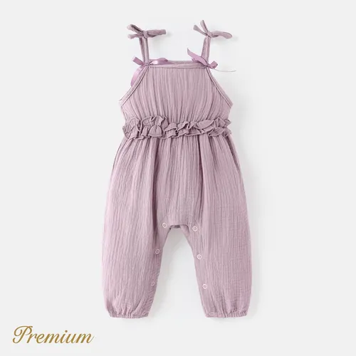 Baby Girl 100% Cotton Crepe Bow Decor Solid Cami Jumpsuit