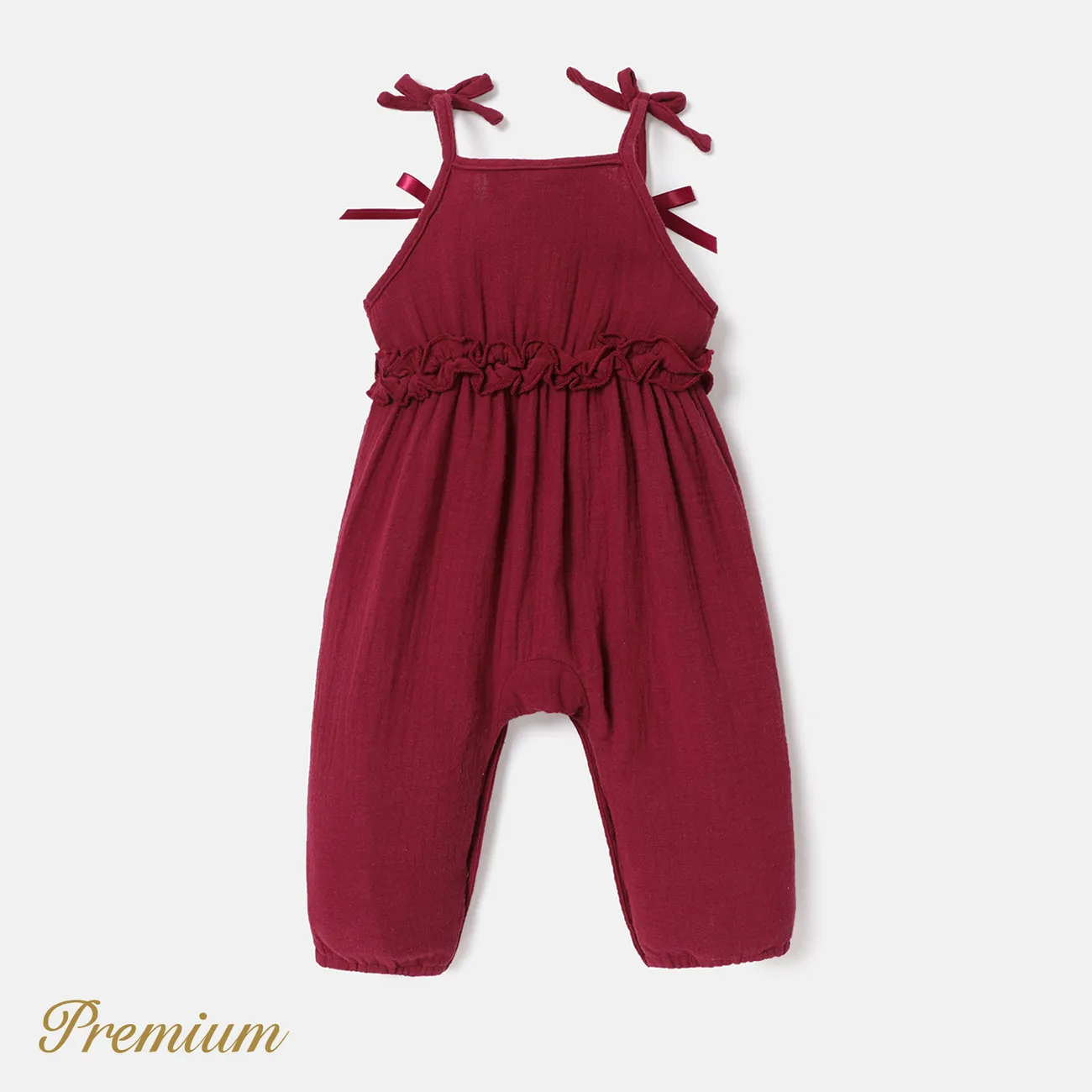 Baby Girl 100% Cotton Crepe Bow Decor Solid Cami Jumpsuit WineRed big image 1