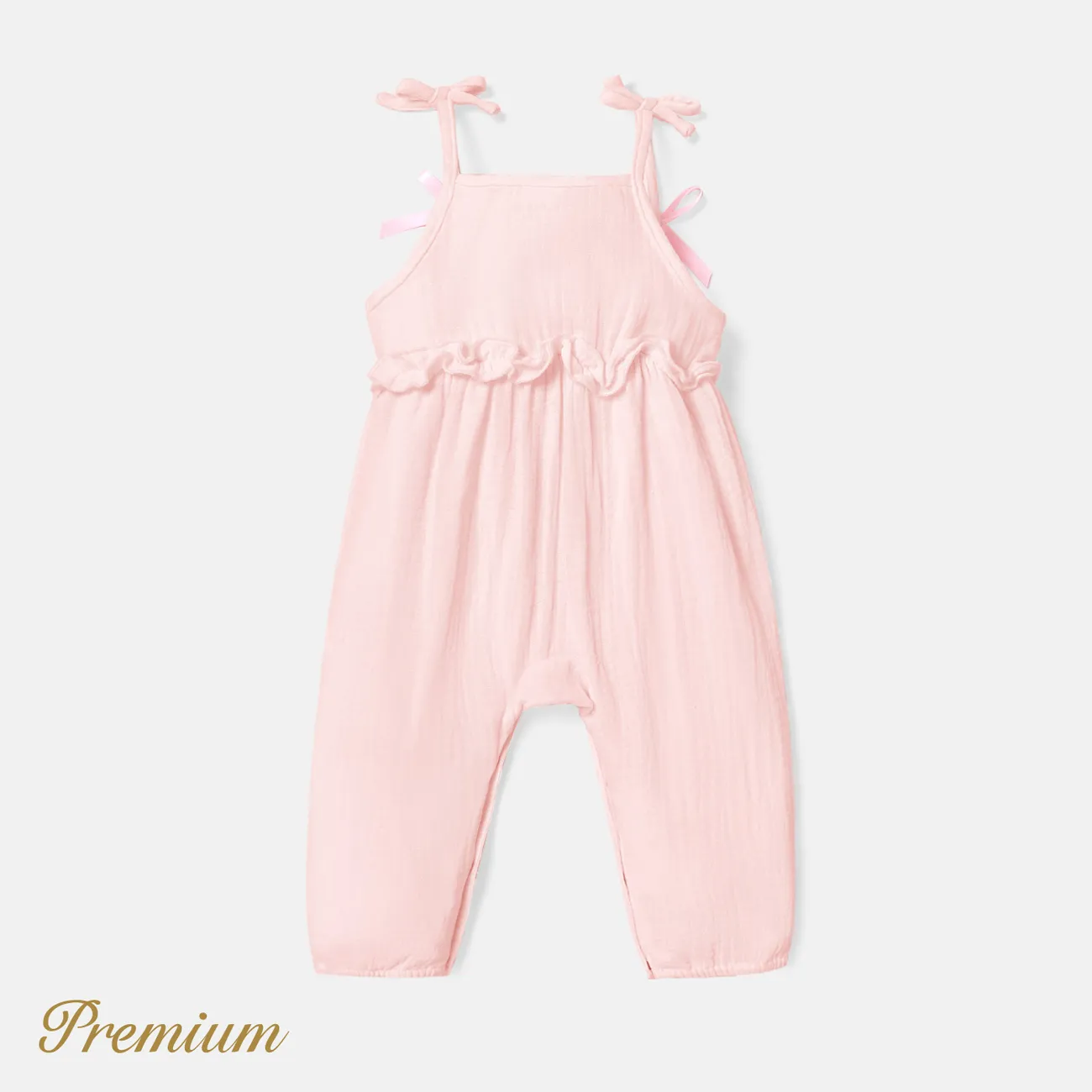 Baby Girl 100% Cotton Crepe Bow Decor Solid Cami Jumpsuit Light Pink big image 1