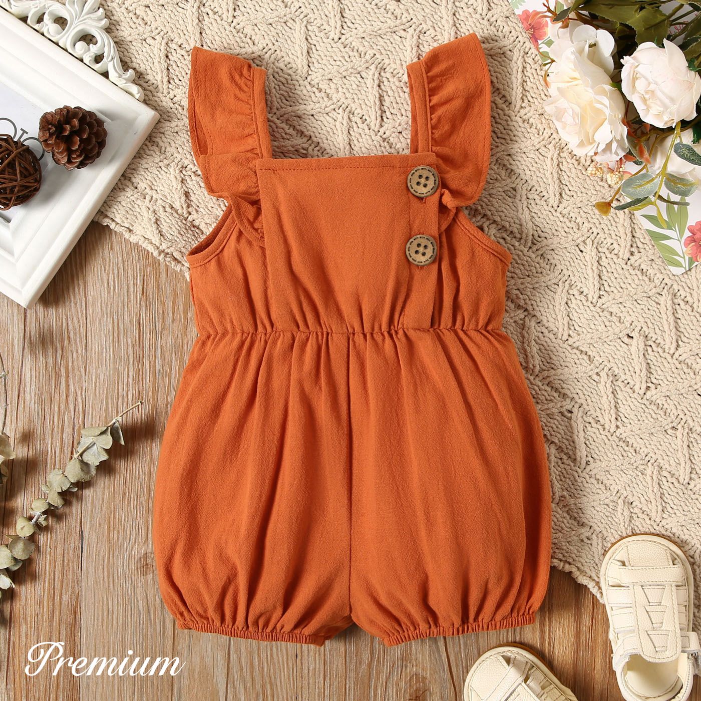 

Baby Girl 100% Cotton Solid or Colorful Striped Ruffle Trim Sleeveless Romper