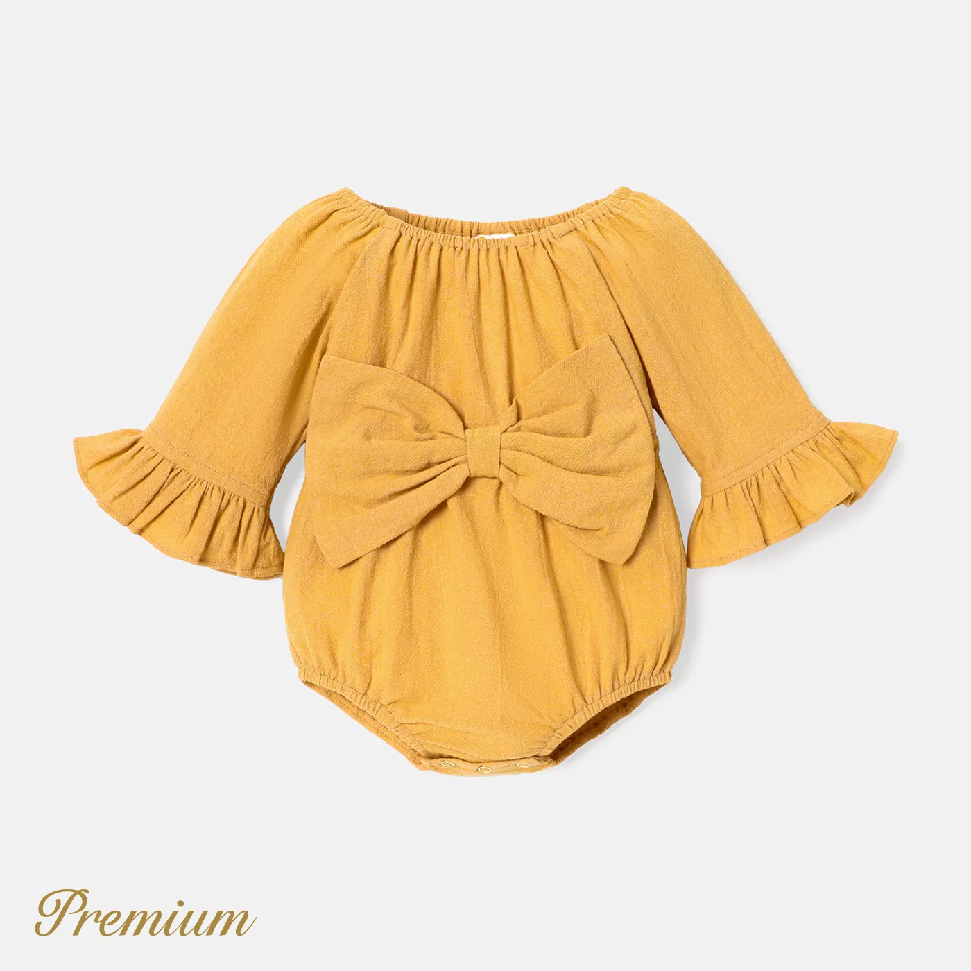 Baby Girl 100% Cotton Solid Color Bowknot Design 3/4 Sleeve Rompers Ginger