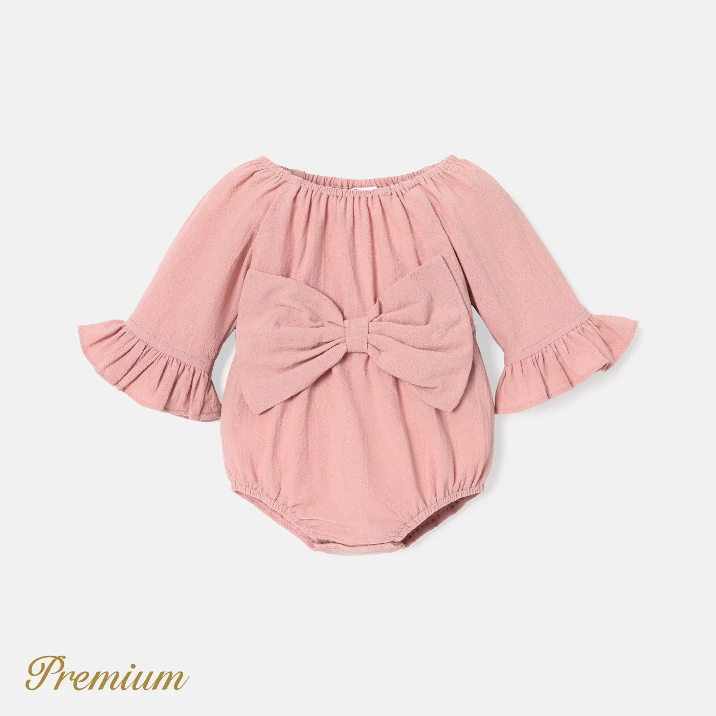Baby Girl 100% Cotton Solid Color Bowknot Design 3/4 Sleeve Rompers Dark Pink big image 1