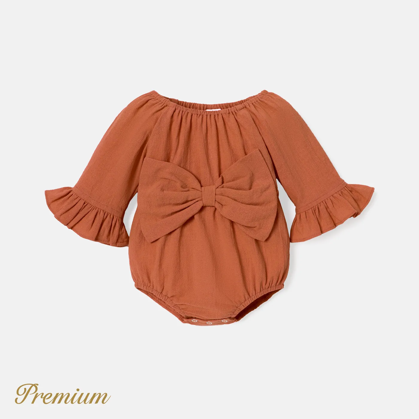 Baby Girl 100% Cotton Solid Color Bowknot Design 3/4 Sleeve Rompers Brown