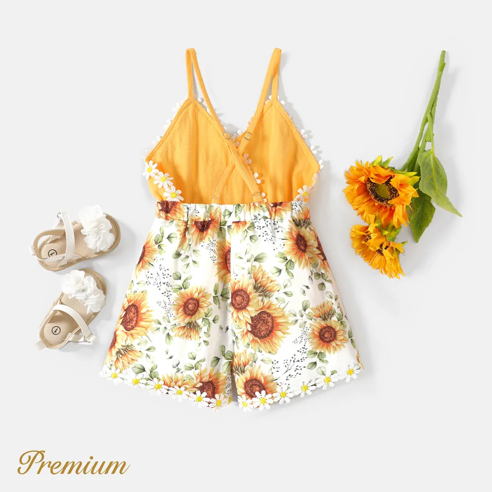 Baby Girl Floral Applique Design Sunflower Print & Solid Spliced Cami Romper  big image 2