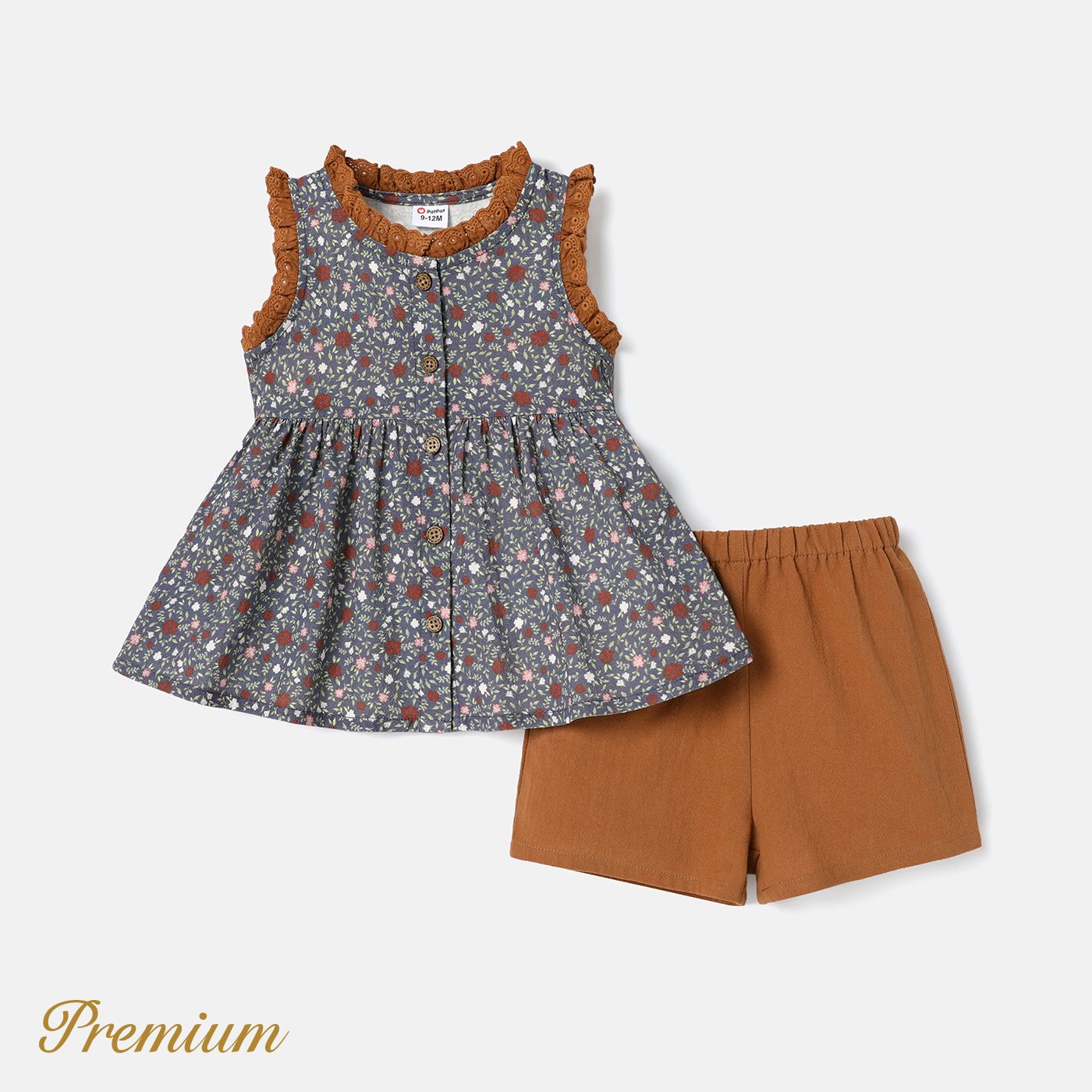 

2pcs Baby Girl 100% Cotton Allover Floral Print Frill Trim Sleeveless Top and Solid Shorts Set
