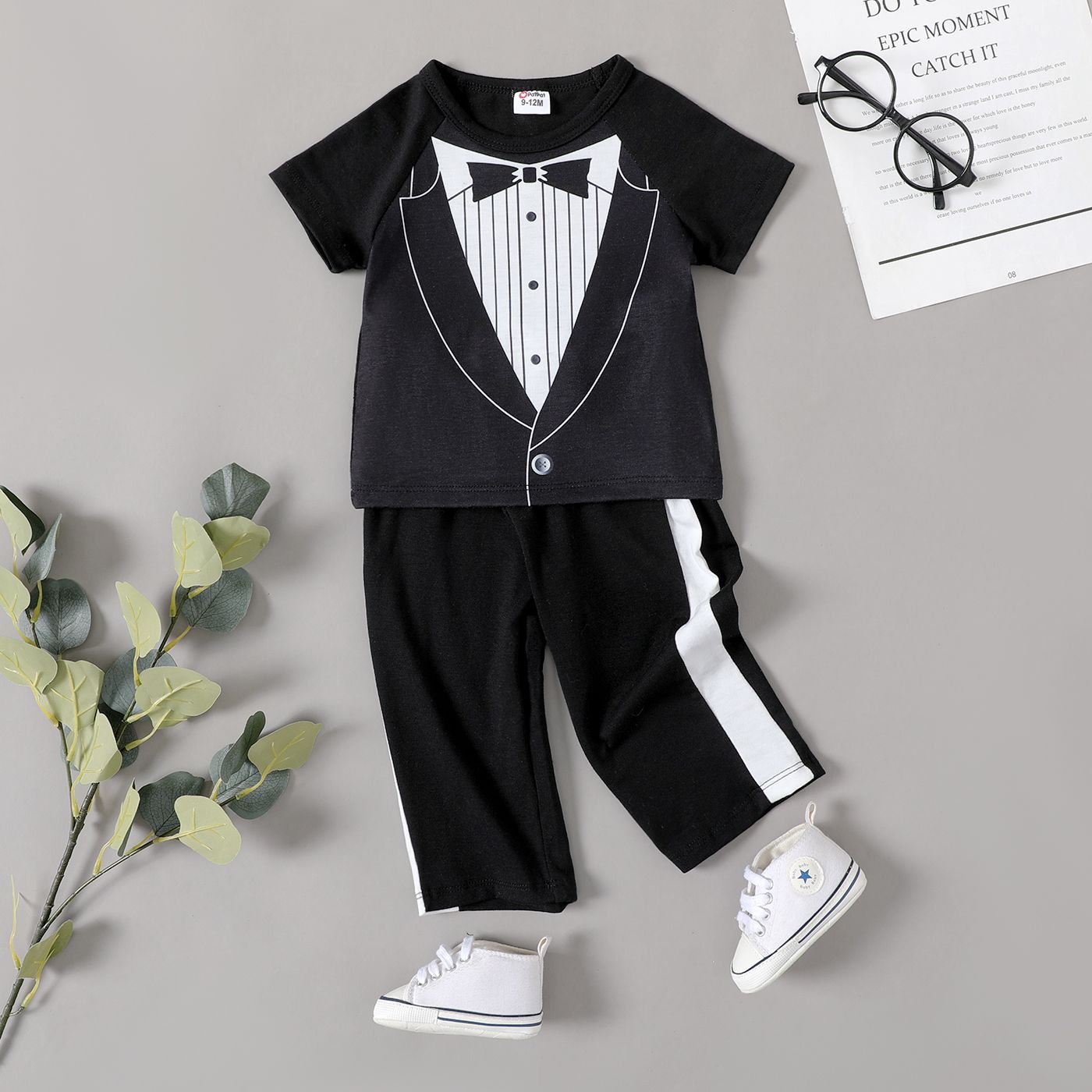 2pcs Baby Boy Shirt Pattern Design Short-sleeve Top And Pants Set