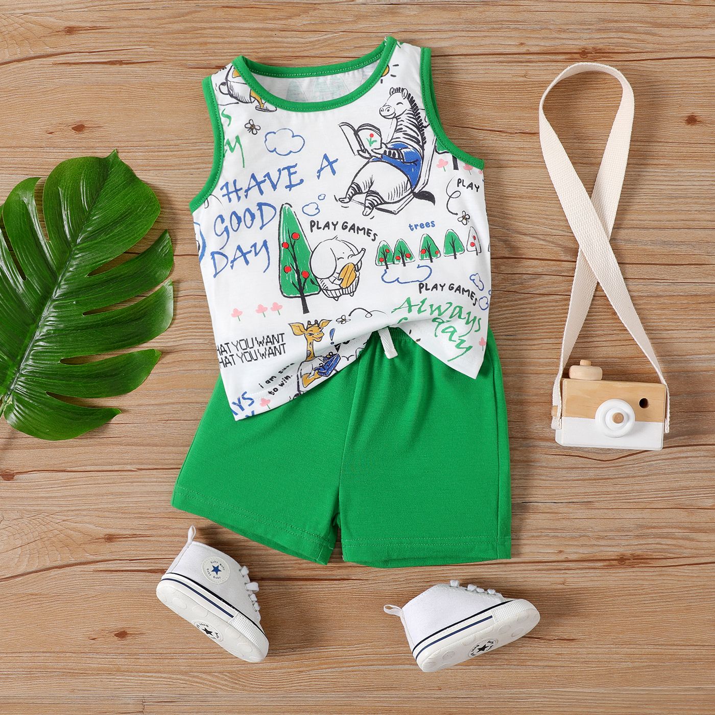 2pcs Baby Boy Print Sleeveless Top And Elasticized Solid Shorts Set