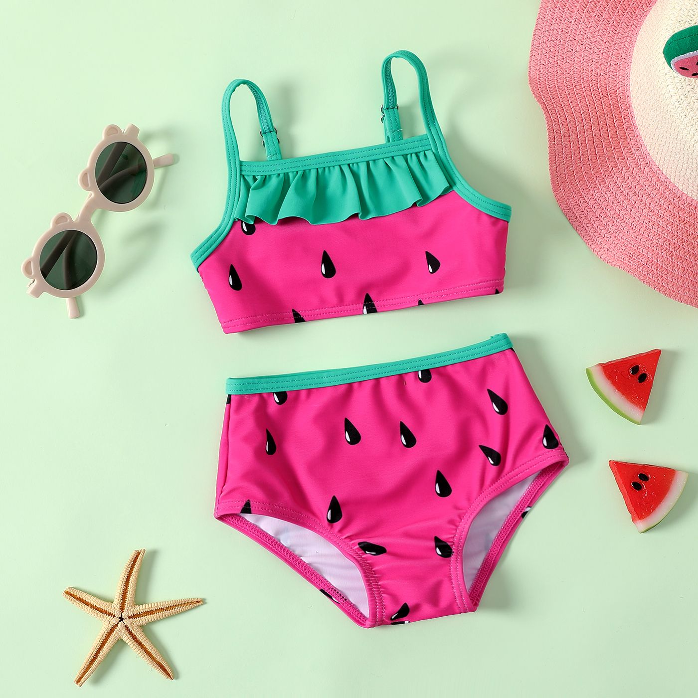 

Baby Girl Watermelon Pattern Ruffled Two-piece Swimsuit