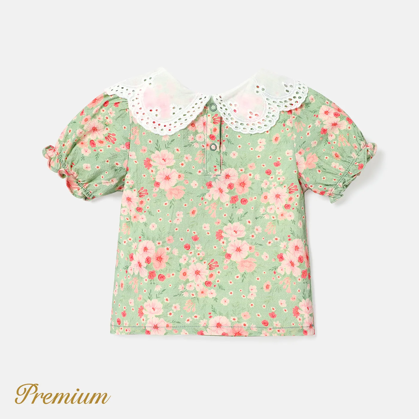 Baby Girl 100% Cotton Floral Print Puff-sleeve Statement Collar Blouse SpringGreen image 4