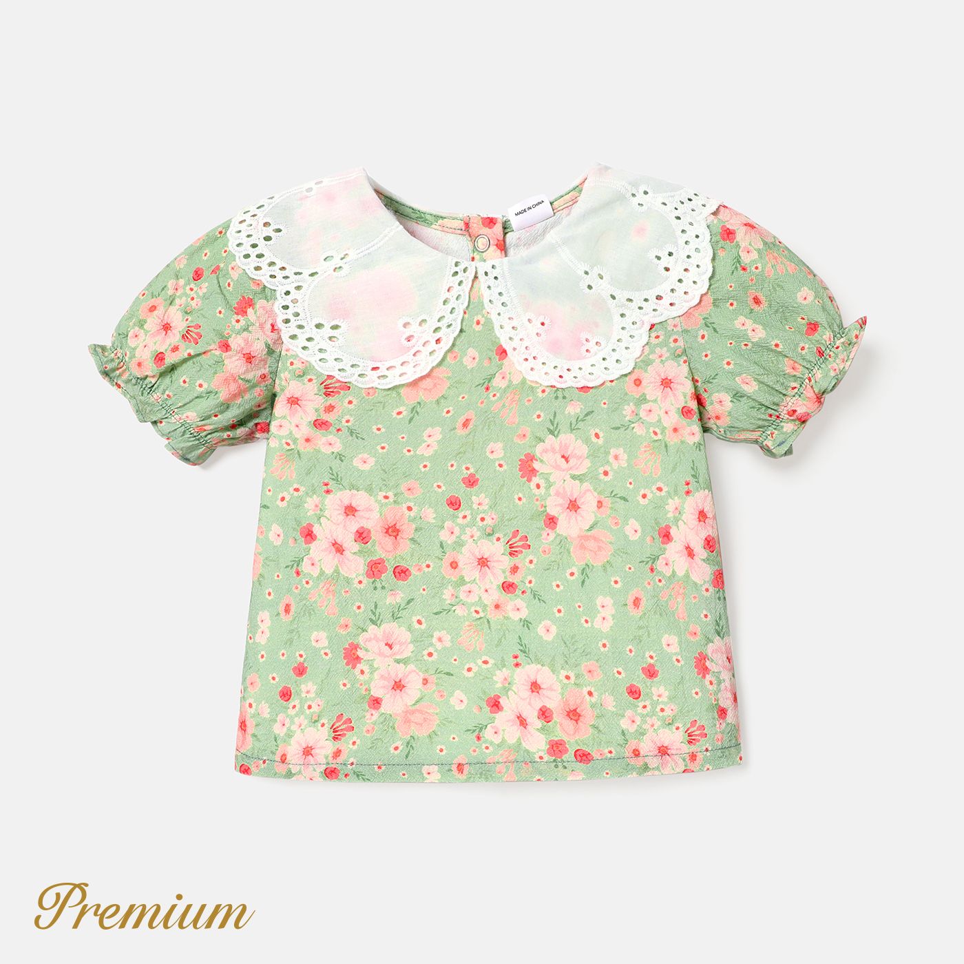 Baby Girl 100% Cotton Floral Print Puff-sleeve Statement Collar Blouse