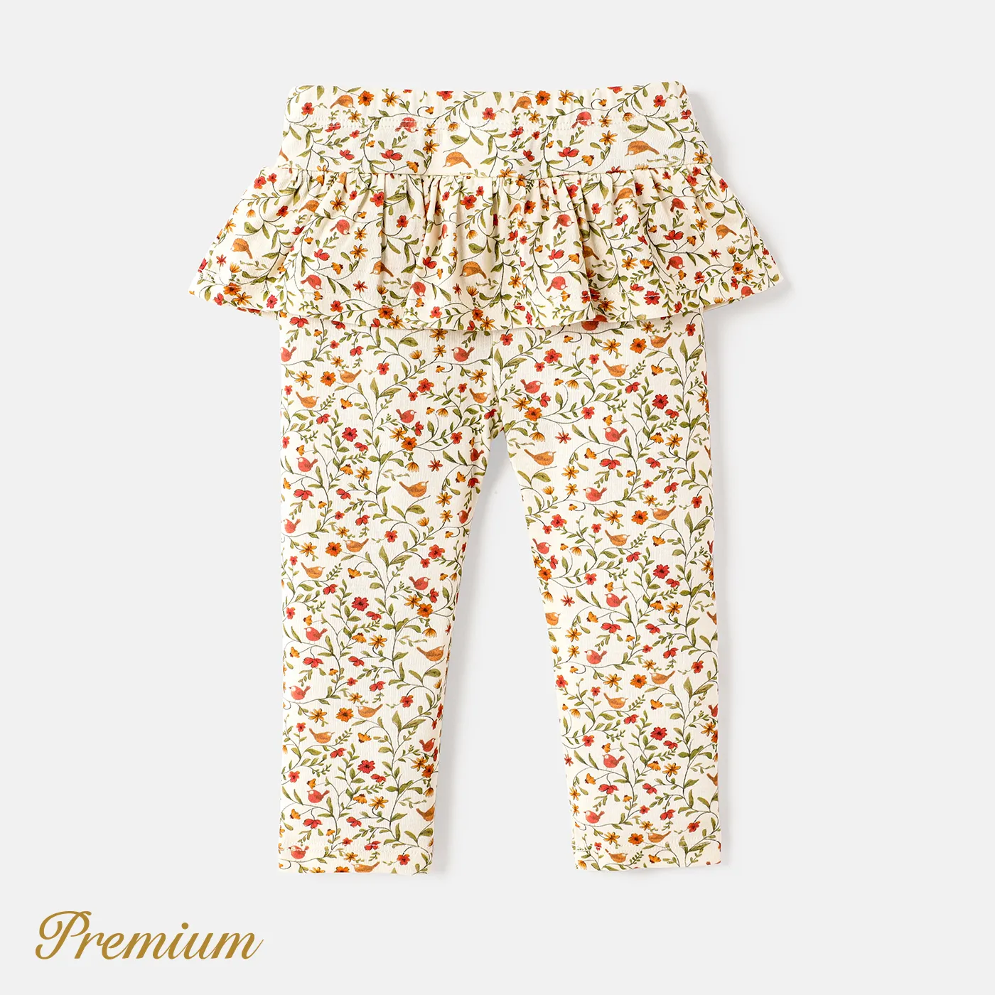 Baby Girl Cotton Floral Print Ruffle Trim Leggings Pale Yellow image 2