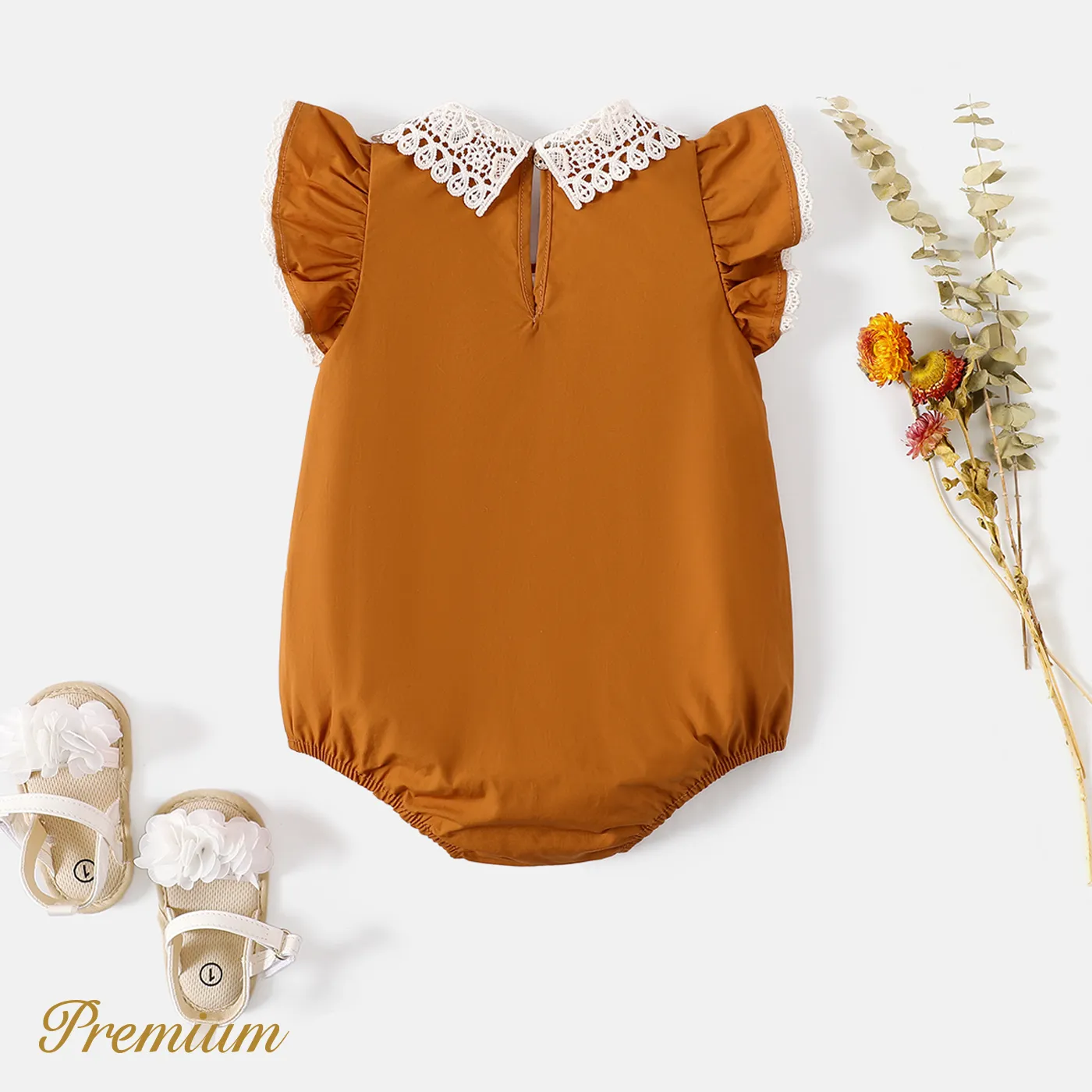 Baby Girl 100% Cotton Lace Collar Flutter-sleeve Romper Reddishbrown image 3