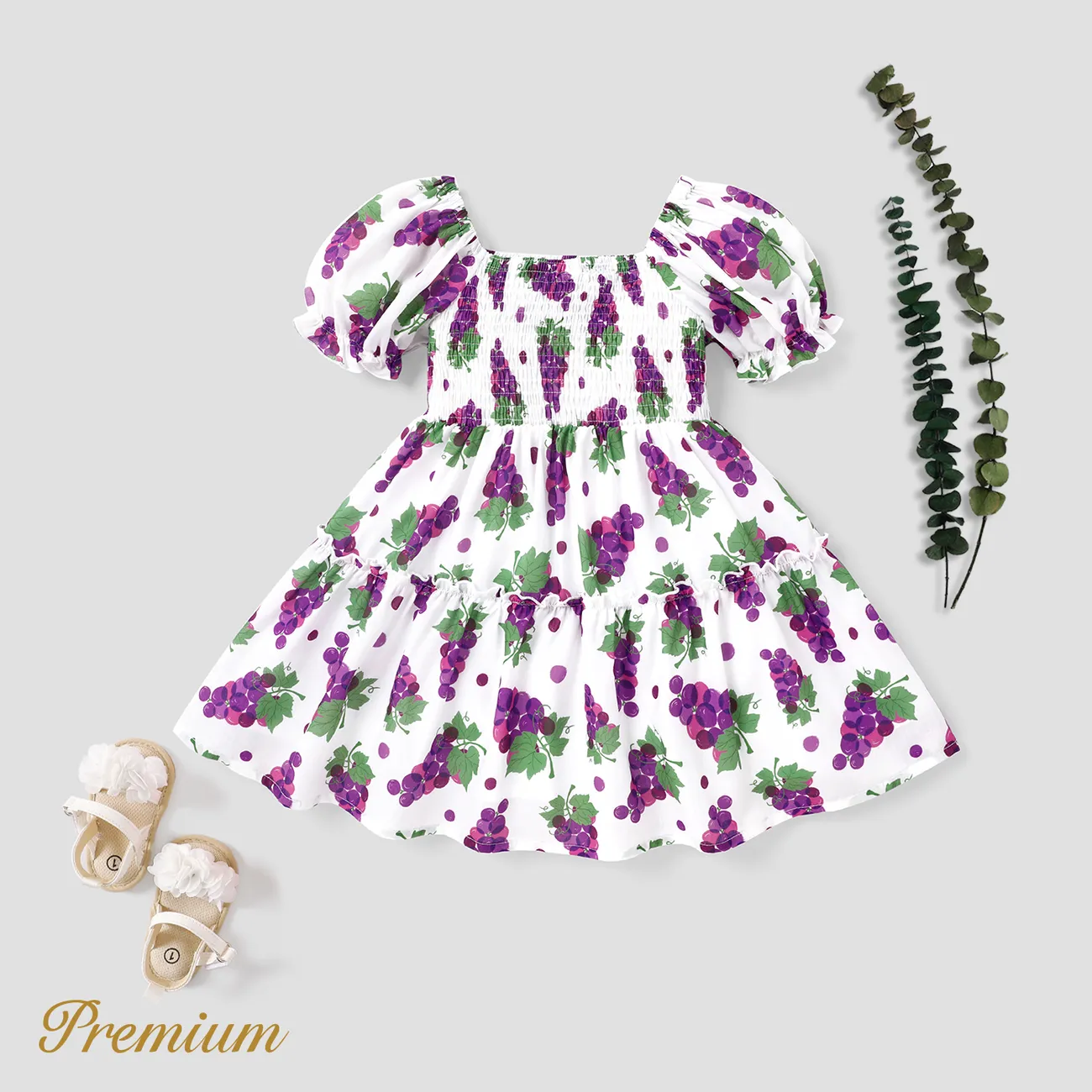 Toddler Girl Allover Grape Print Short-sleeve Smocked Dress  big image 1