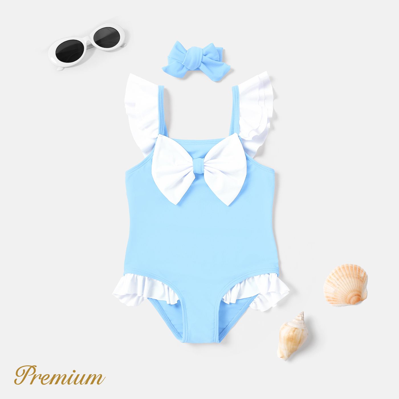 2pcs Toddler Girl Headband And Bow Front Ruffled One Piece Swimsuit
