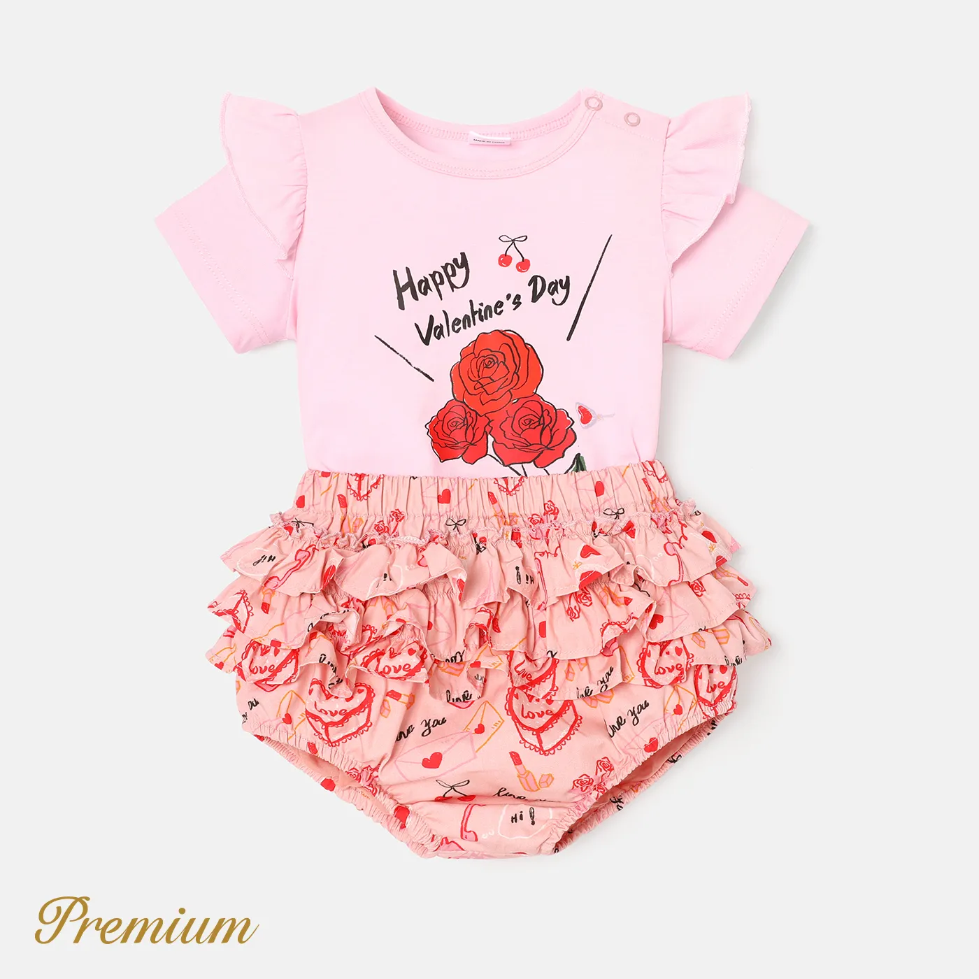 2pcs Baby Girl 100% Cotton Short-sleeve Rose Graphic Tee and Allover Print Layered Ruffle Trim Shorts Set  image 2