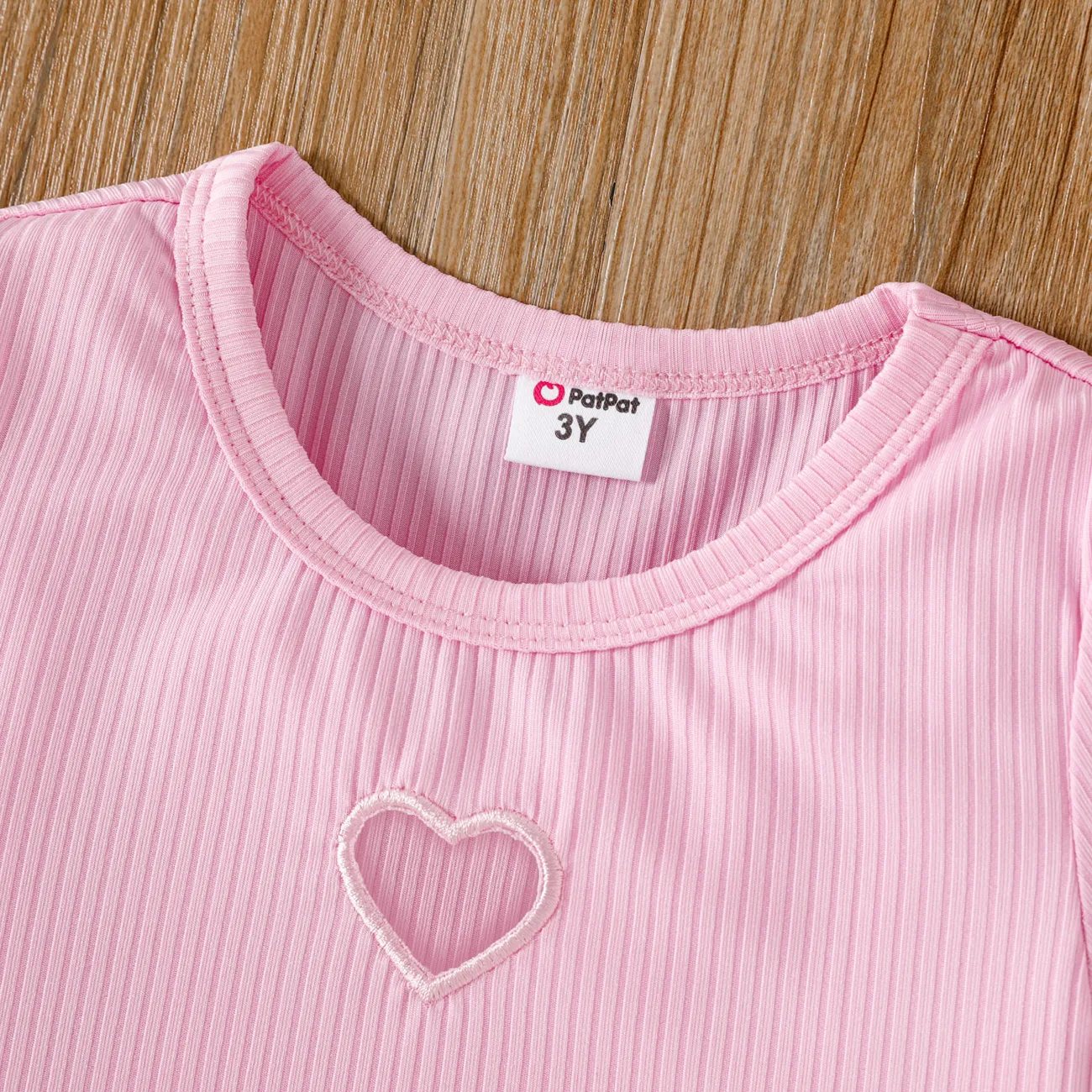 Toddler Girl Heart Hollow Out Lettuce Trim Rib-knit Tee Pink big image 1