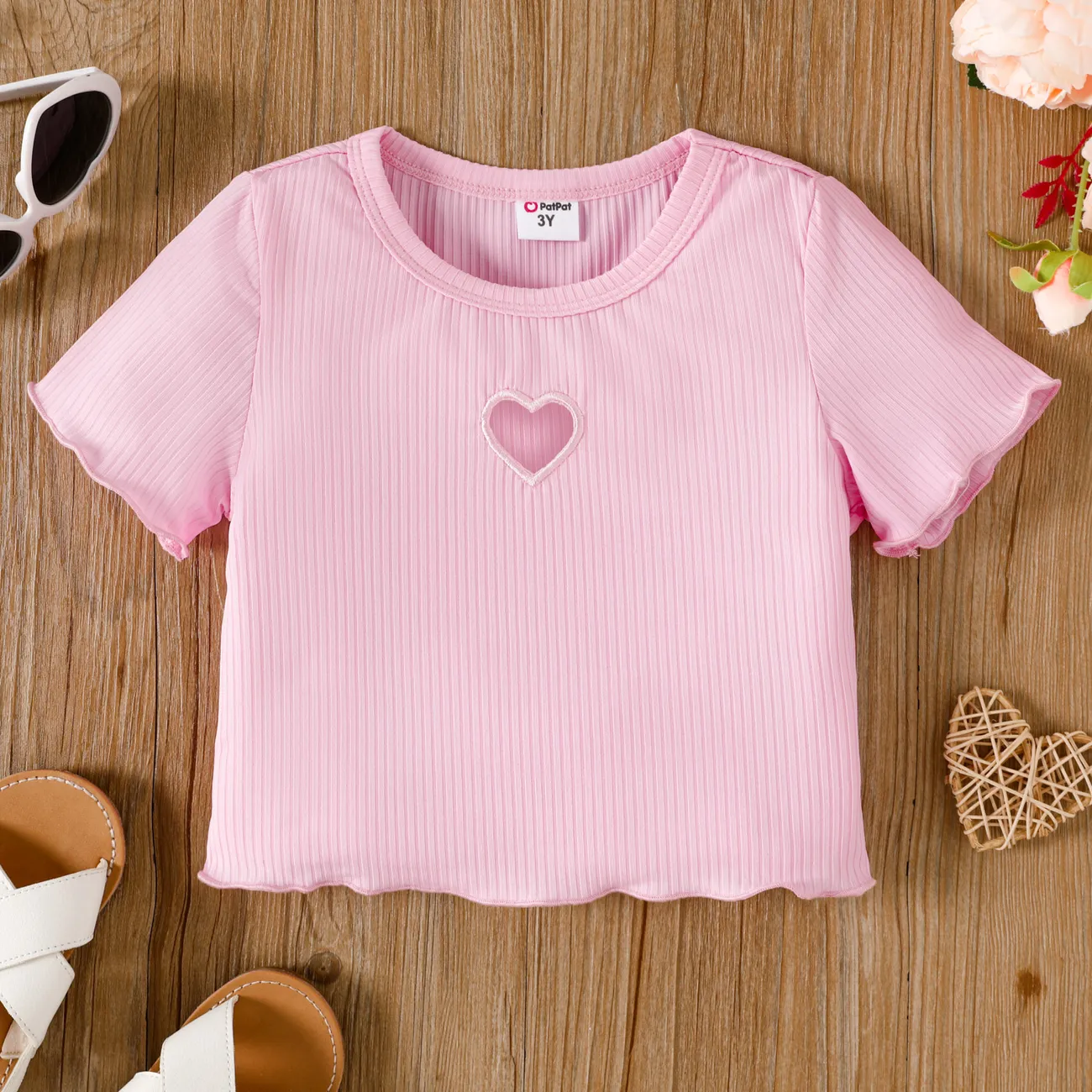 Toddler Girl Heart Hollow Out Lettuce Trim Rib-knit Tee Pink big image 1