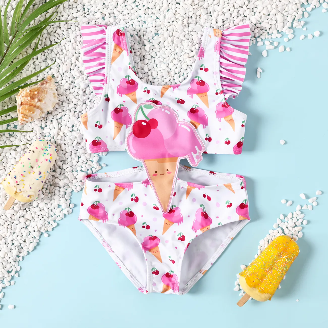 Toddler Girl Ice Cream Pattern One Piece Swimsuit Multi-color big image 1