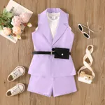 4pcs Toddler Girl Trendy Sleeveless Tee & Shorts & Lapel Collar Coat and Belted Waist Bag Set Light Purple