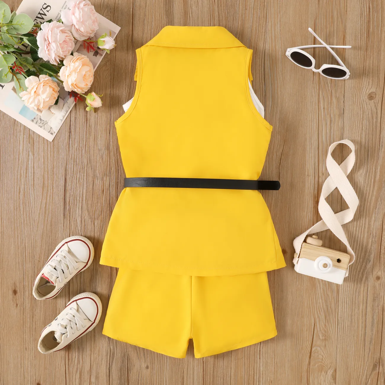 4pcs Toddler Girl Trendy Sleeveless Tee & Shorts & Lapel Collar Coat and Belted Waist Bag Set Yellow big image 1