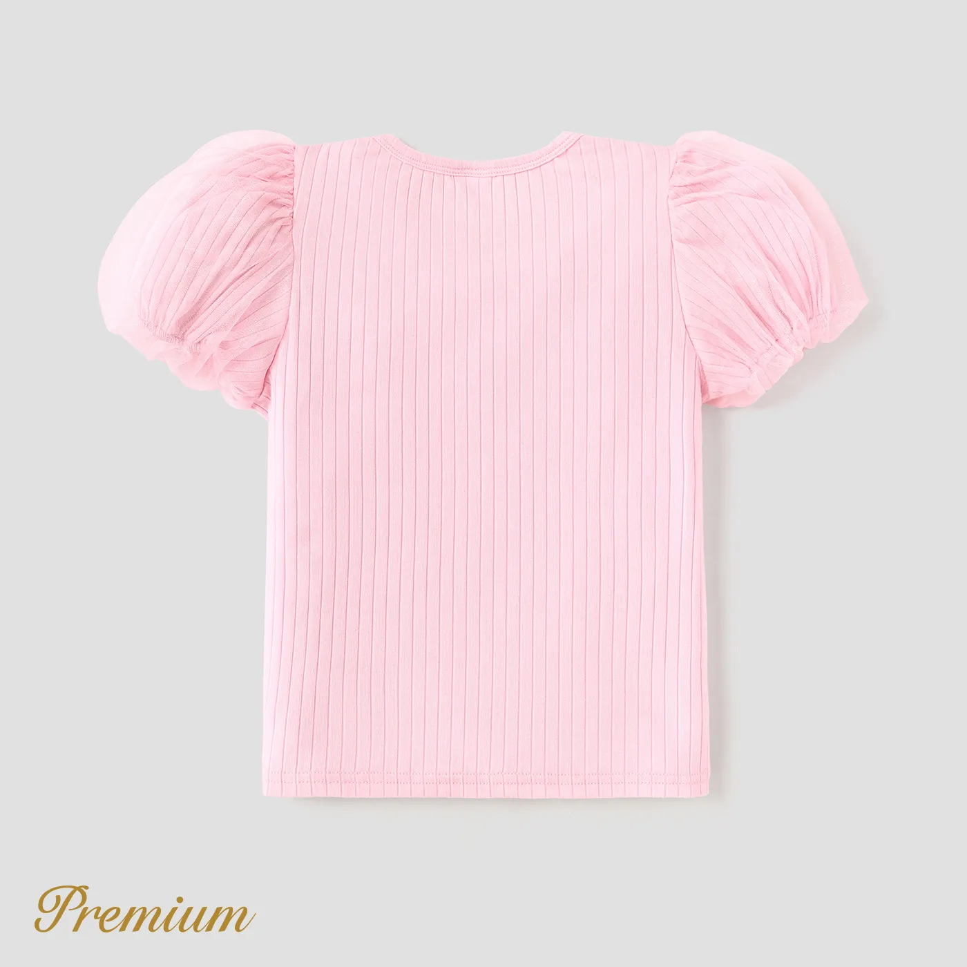 Kid Girl Cotton Ribbed Appliques Detail Mesh Puff-sleeve Tee  image 2