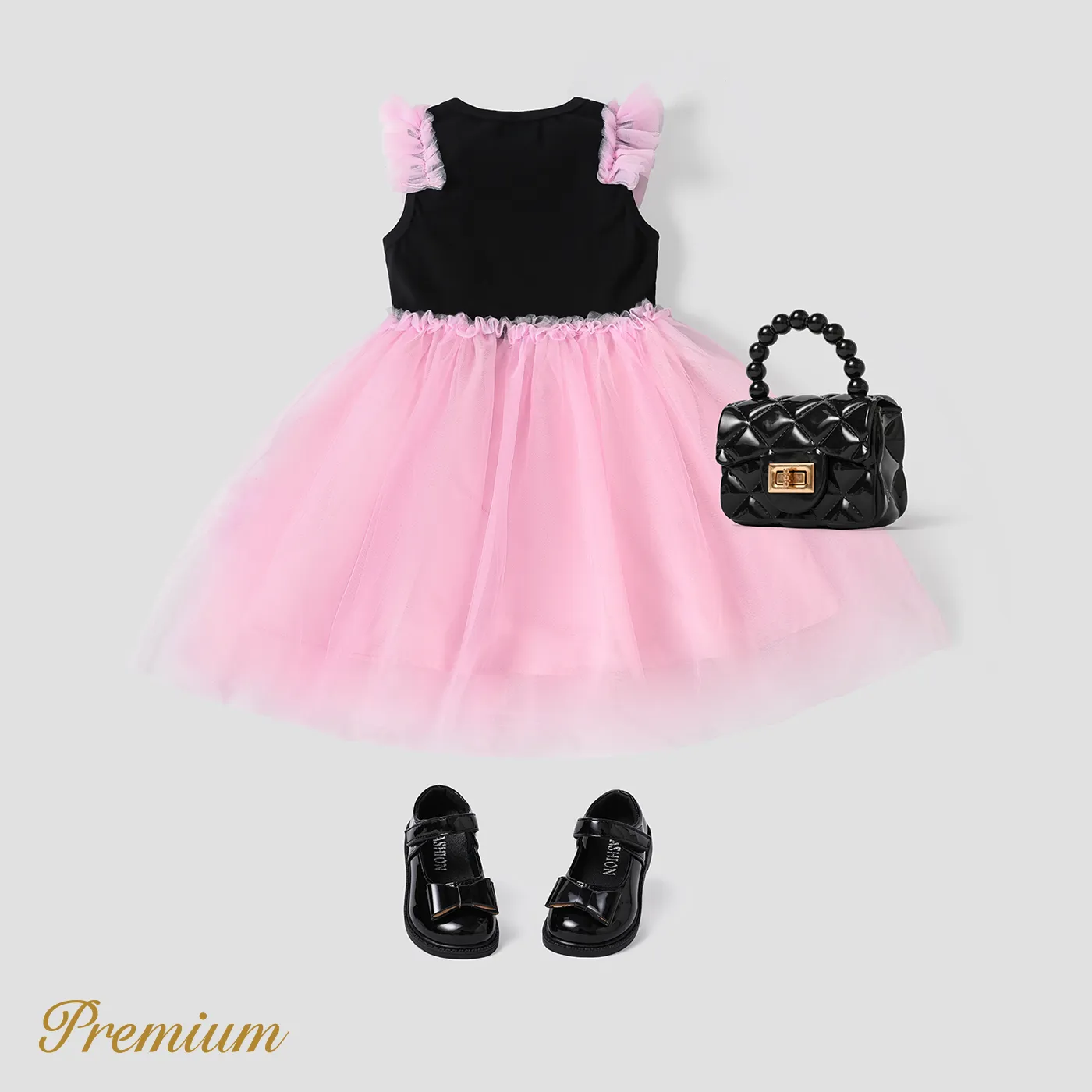 Toddler Girl Colorblock Mesh Overlay Combo Ruffled Tank Dress Black/Pink image 3