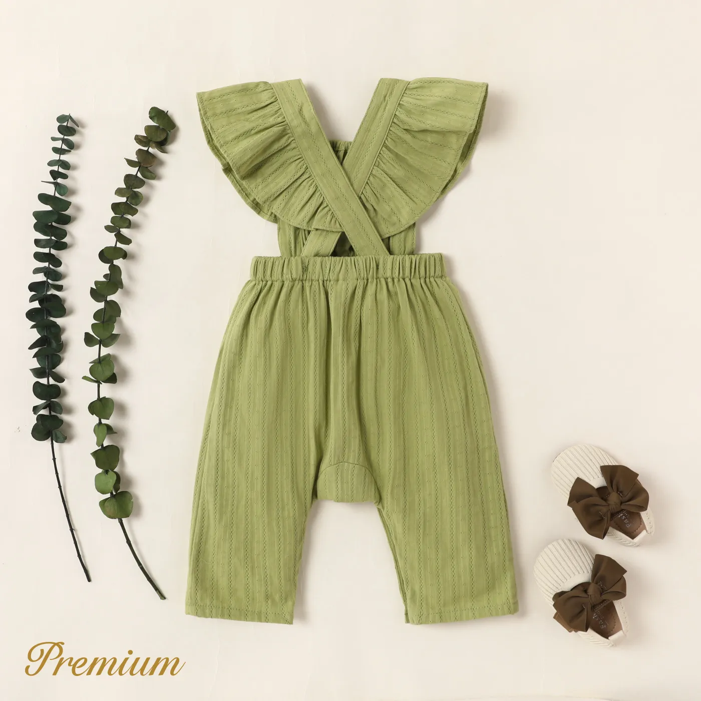 Baby Girl 100% Cotton Textured Solid Textured Ruffled Overalls Pants Green image 2