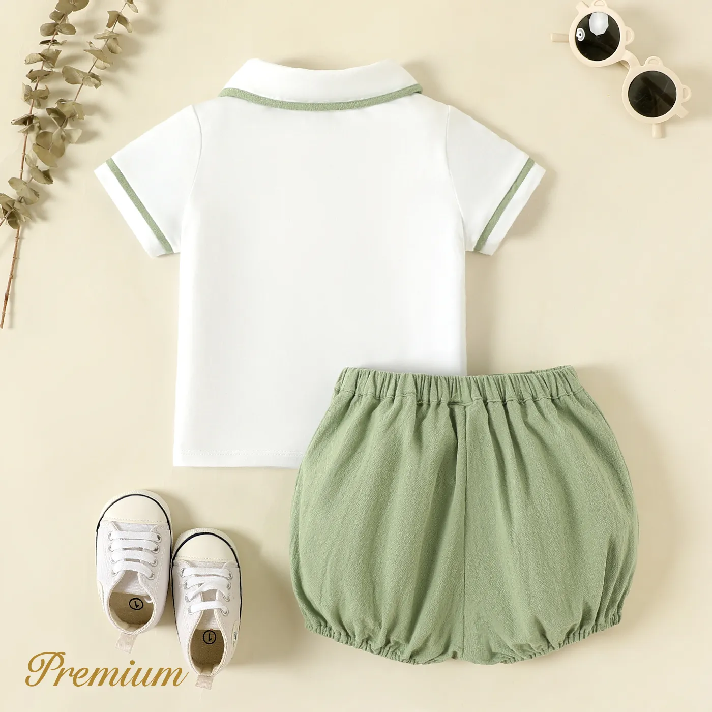 2pcs Baby Boy/Girl 100% Cotton Solid Shorts and Embroidered Short-sleeve Polo Shirt Set Army green image 2