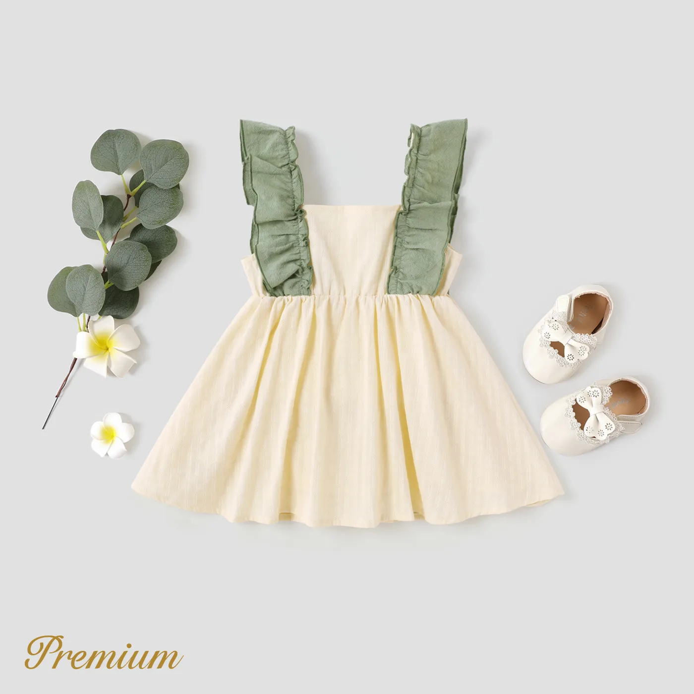 Baby Girl 100% Cotton Contrast Ruffle Trim Bow Front Sleeveless Dress Green image 2