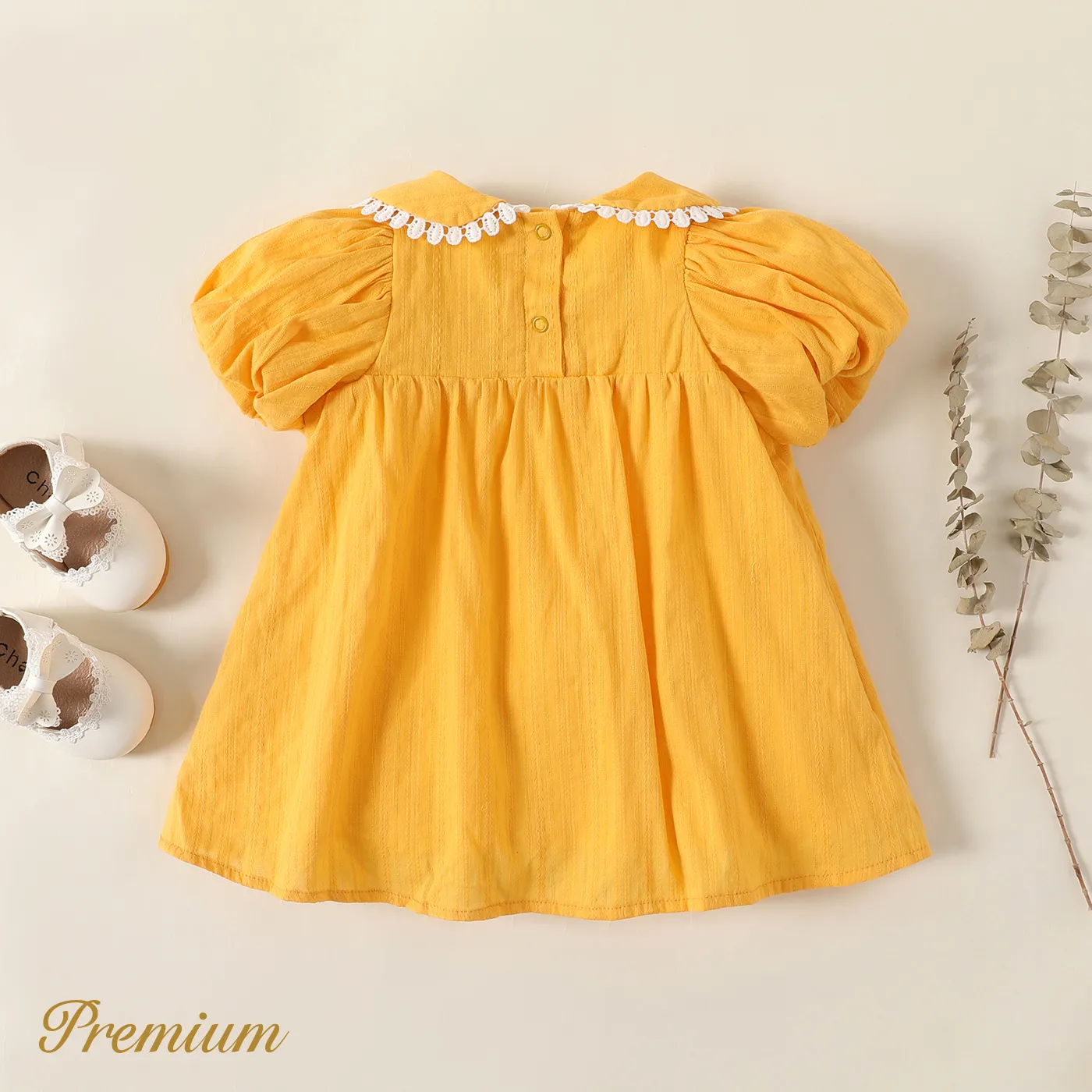 Baby Girl 100% Cotton Floral Embroidered Peter Pan Collar Puff-sleeve Dress Yellow image 3