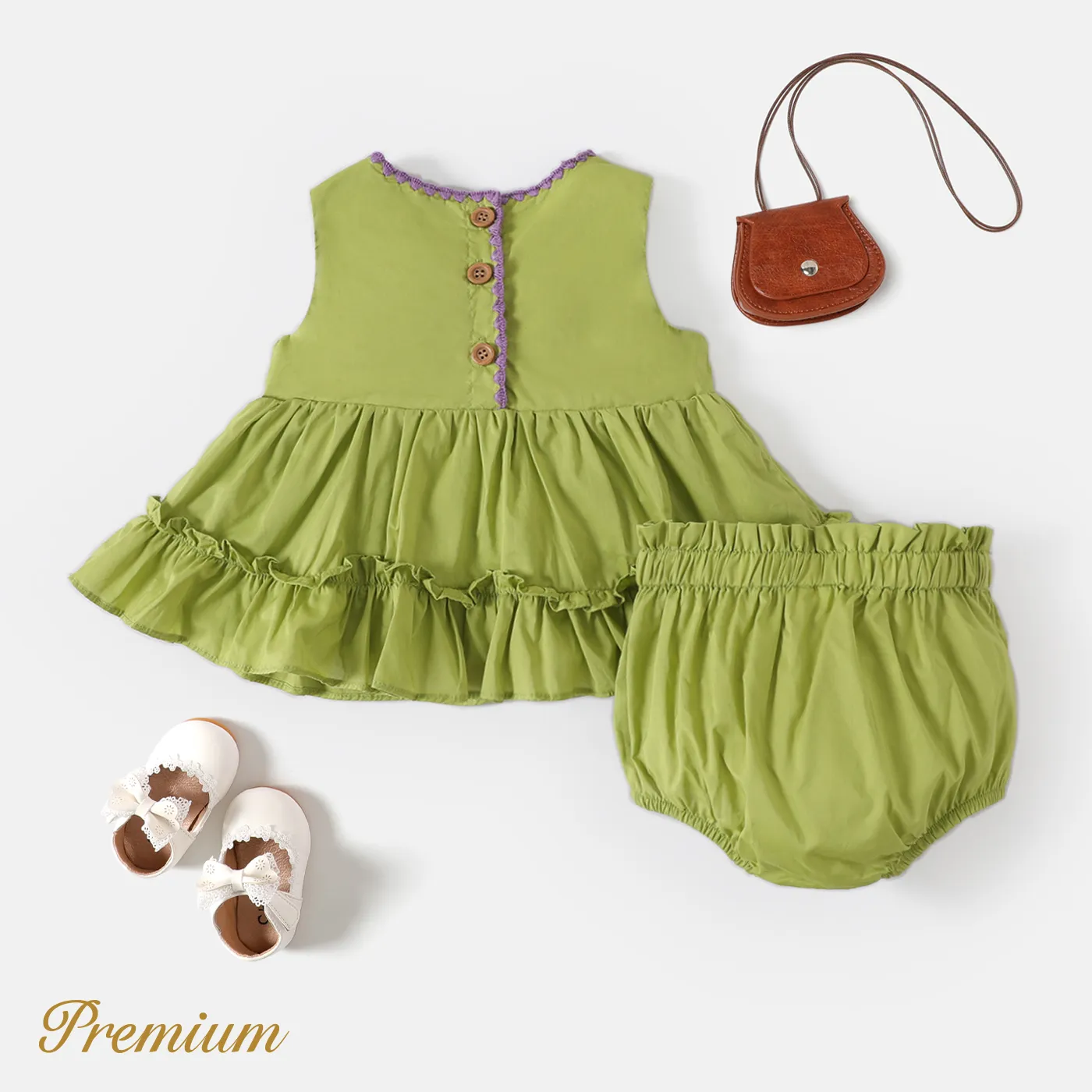 2pcs Baby Girl 100% Cotton Grape Graphic Ruffle Hem Sleeveless Top and Shorts Set Light Green image 5