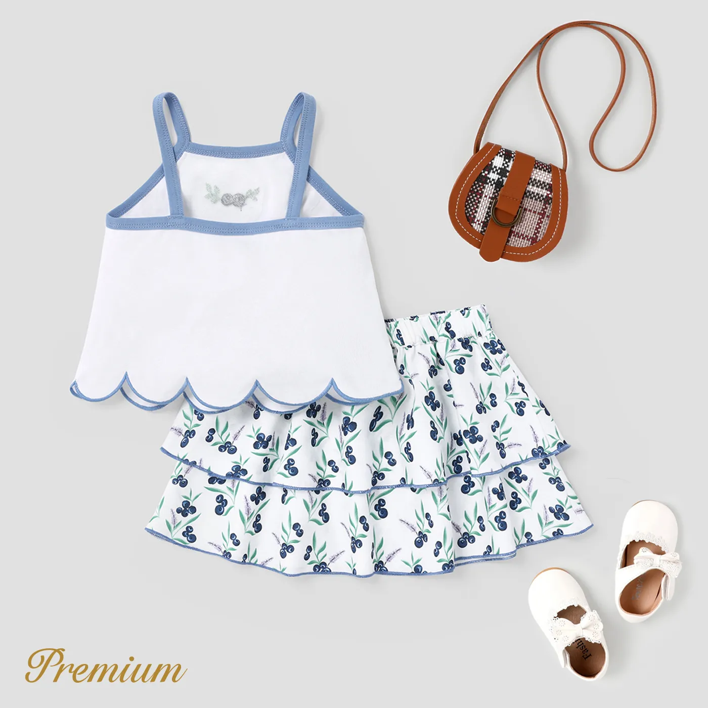 2pcs Baby Girl Blueberry Print Camisole and Layered Skirt Set White image 2