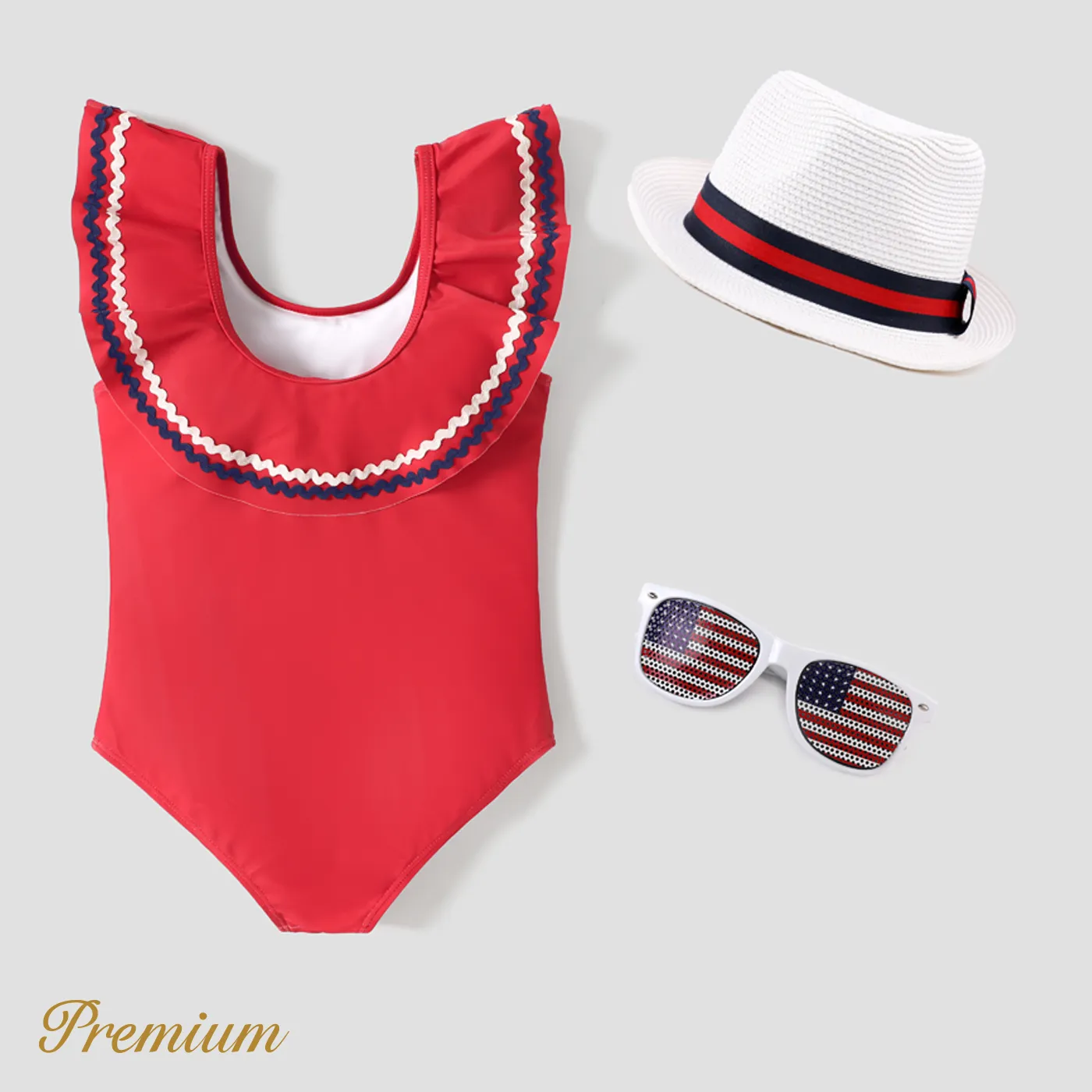 Kid Girl Sailboat Graphic Ruffled Collar One-piece Swimsuit Red image 5