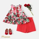 2pcs Toddler Girl Red Floral Print Ruffle Hem Tank Top and 100% Cotton Shorts Set  image 5