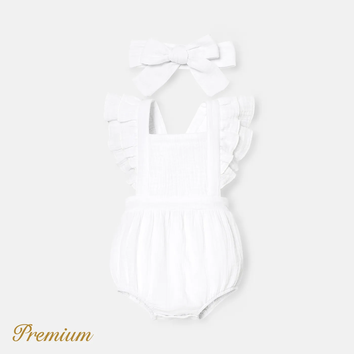 2pcs Baby Girl 100% Cotton Crepe Solid Layered Ruffle Trim Romper & Headband Set GhostWhite