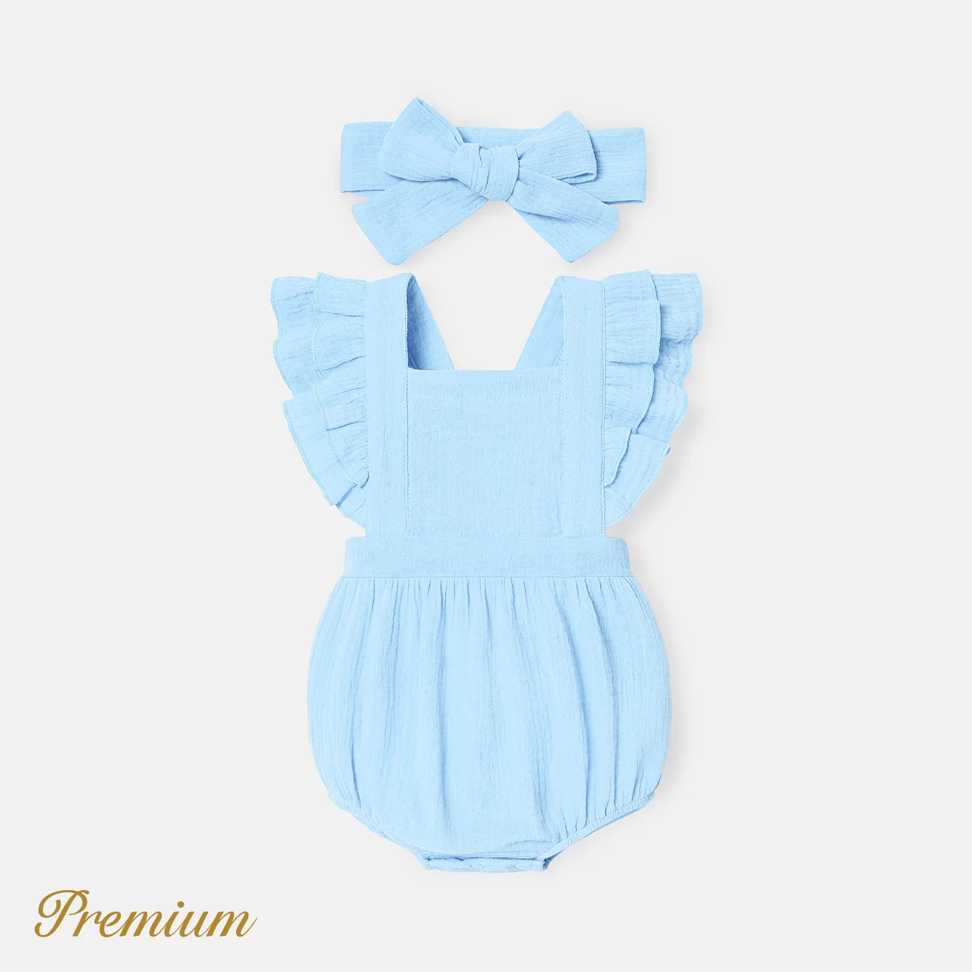 2pcs Baby Girl 100% Cotton Crepe Solid Layered Ruffle Trim Romper & Headband Set Sky blue big image 1