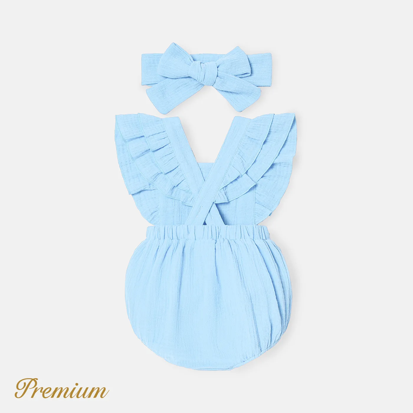 2pcs Baby Girl 100% Cotton Crepe Solid Layered Ruffle Trim Romper & Headband Set Sky blue image 2
