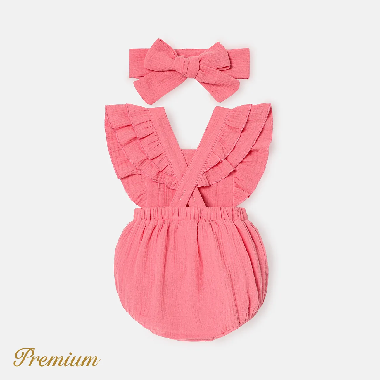2pcs Baby Girl 100% Cotton Crepe Solid Layered Ruffle Trim Romper & Headband Set Pink big image 1
